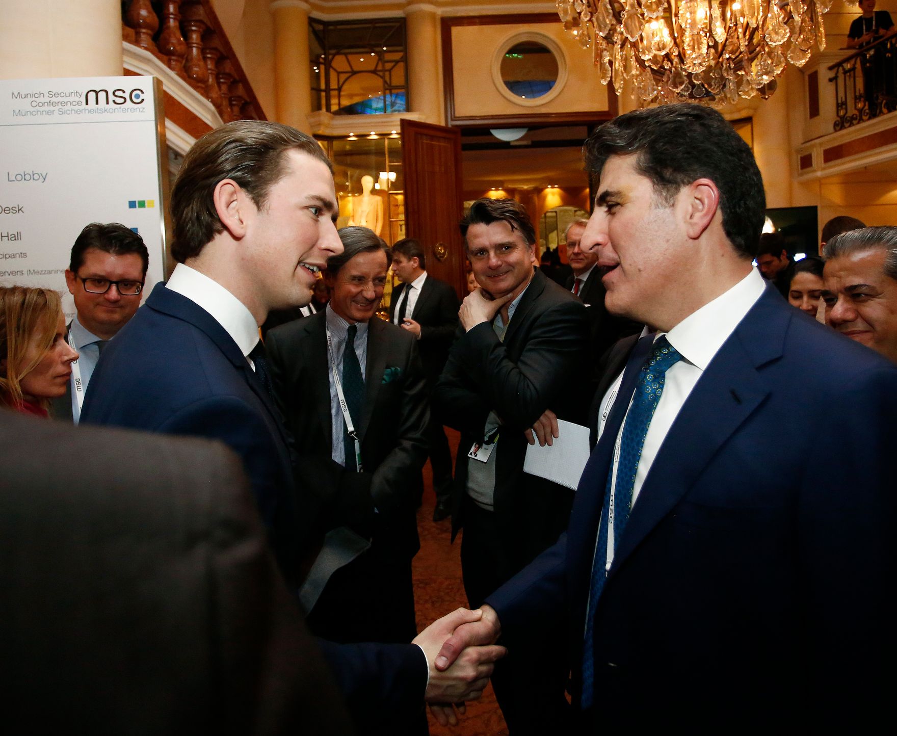 Am 16. Februar 2018 besuchte Bundeskanzler Sebastian Kurz (l.) die M&uuml;nchner Sicherheitskonferenz. Im Bild mit dem Pr&auml;sidenten der Autonomen Region Kurdistan N&ecirc;&ccedil;&icirc;rvan Barzan&icirc; (r.).