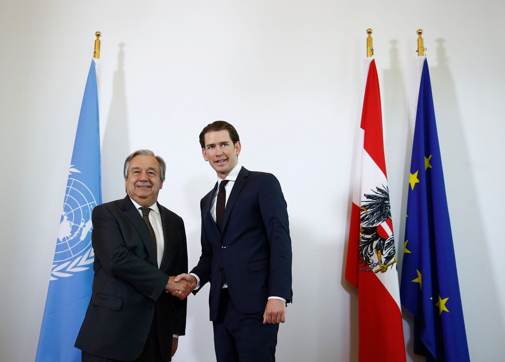 Am 14. Mai 2018 empfing Bundeskanzler Sebastian Kurz (r.) den Generalsekret&auml;r der Vereinten Nationen Ant&oacute;nio Manuel de Oliveira Guterres (l.) im Bundeskanzleramt.