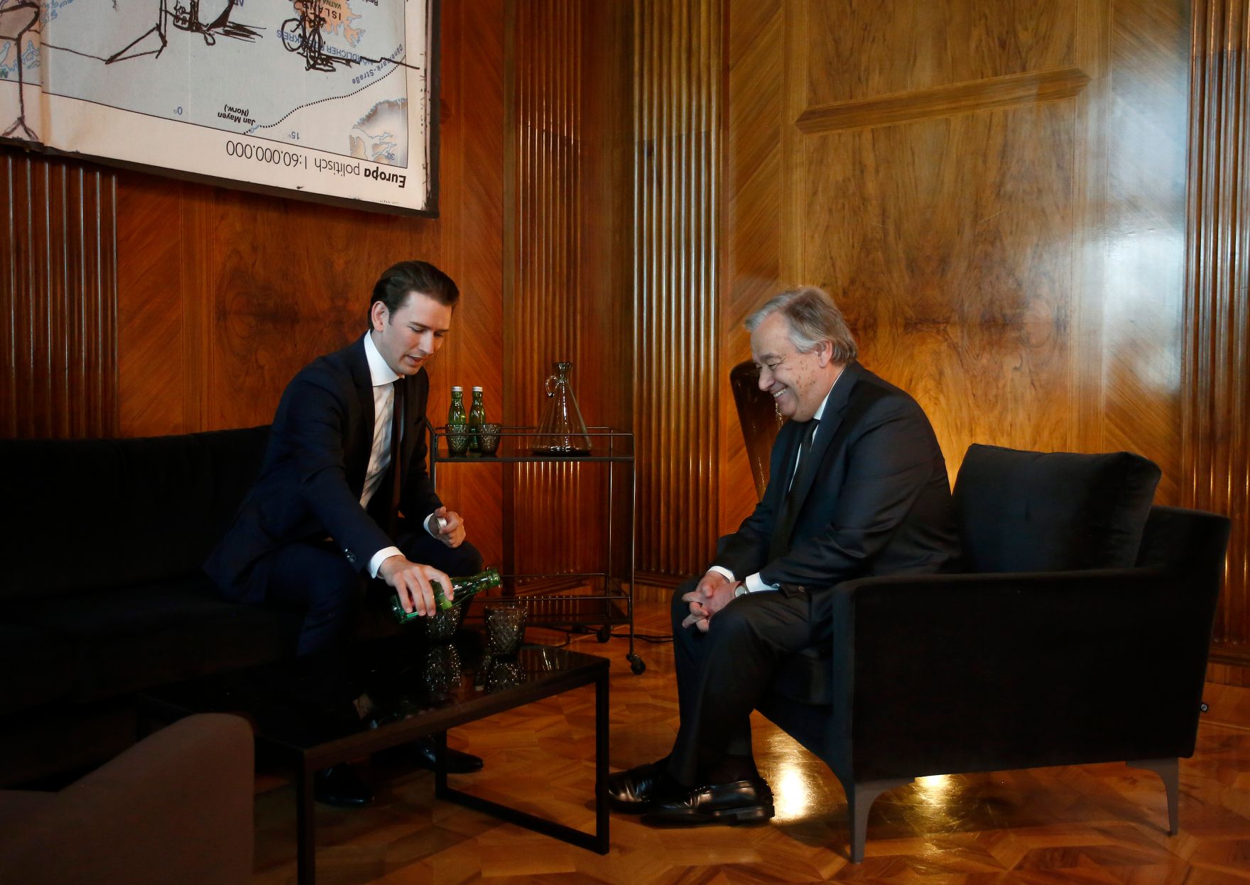 Am 14. Mai 2018 empfing Bundeskanzler Sebastian Kurz (l.) den Generalsekret&auml;r der Vereinten Nationen Ant&oacute;nio Manuel de Oliveira Guterres (r.) im Bundeskanzleramt.