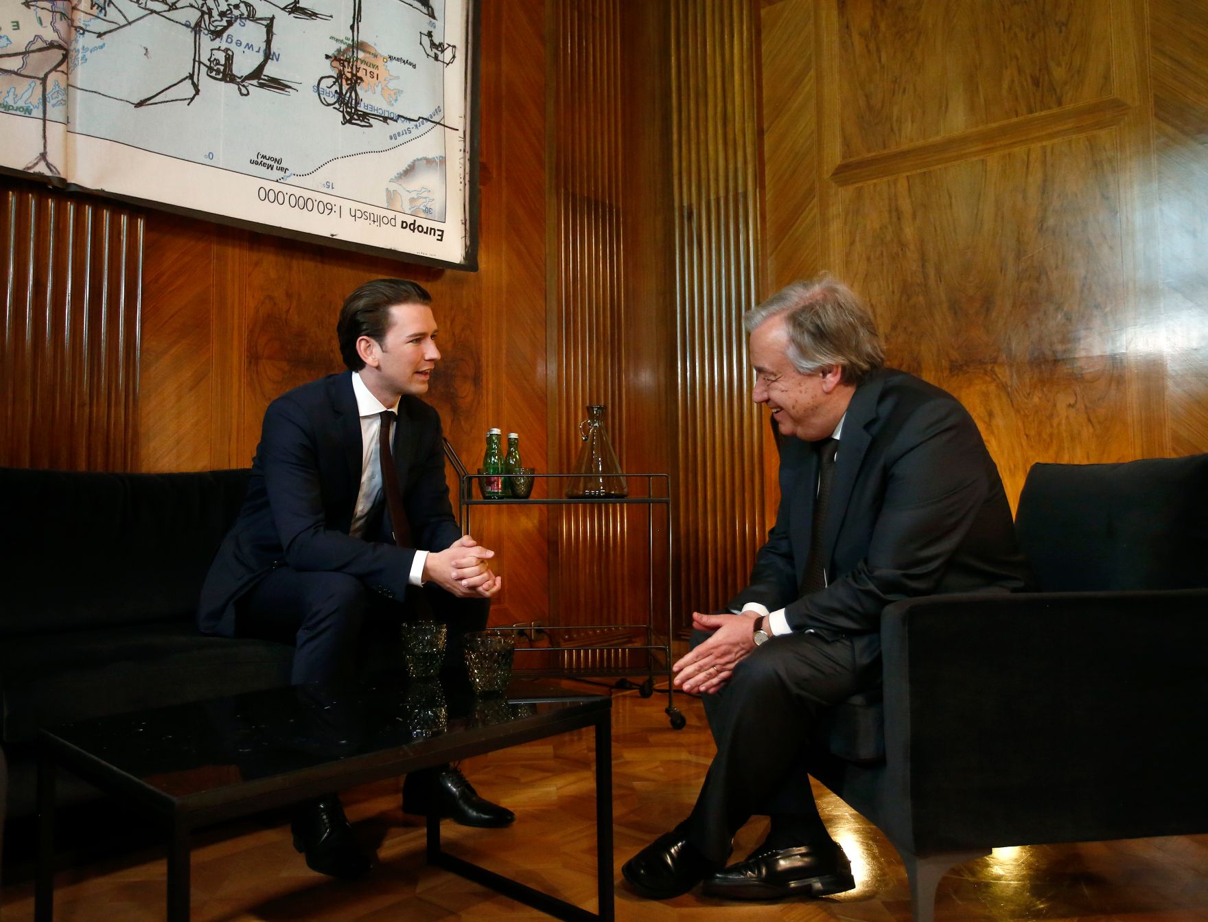 Am 14. Mai 2018 empfing Bundeskanzler Sebastian Kurz (l.) den Generalsekret&auml;r der Vereinten Nationen Ant&oacute;nio Manuel de Oliveira Guterres (r.) im Bundeskanzleramt.