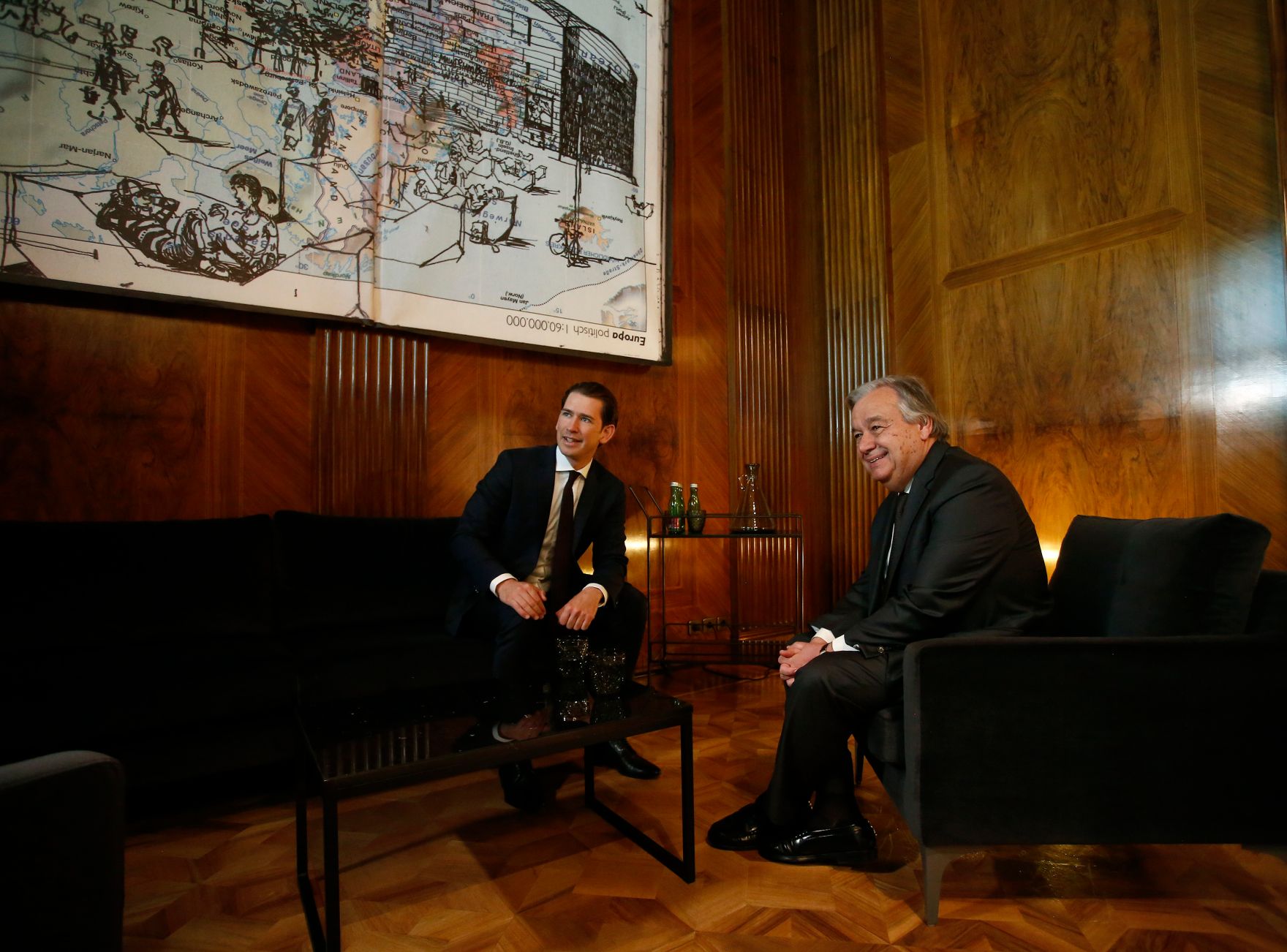 Am 14. Mai 2018 empfing Bundeskanzler Sebastian Kurz (l.) den Generalsekret&auml;r der Vereinten Nationen Ant&oacute;nio Manuel de Oliveira Guterres (r.) im Bundeskanzleramt.