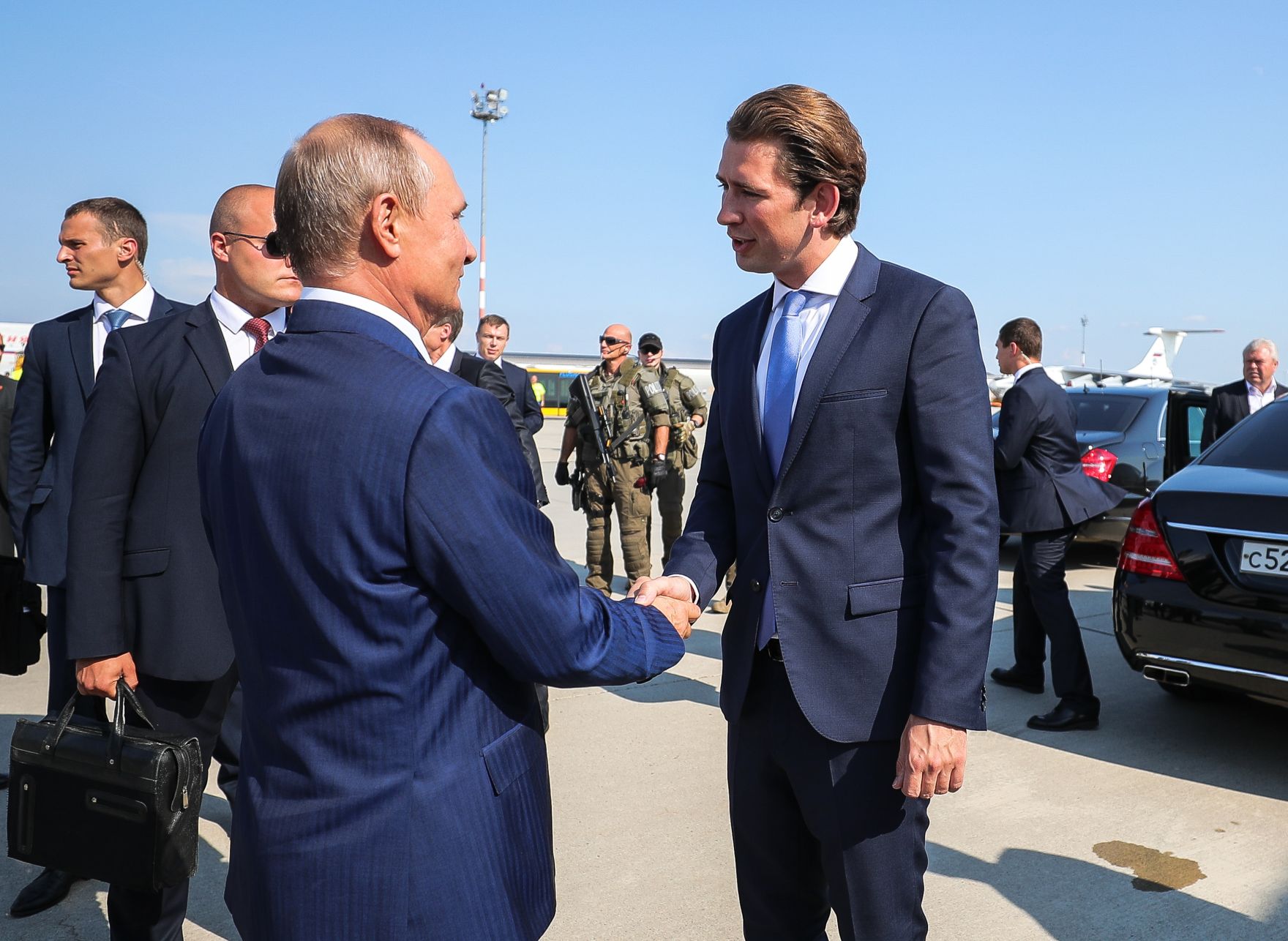 Am 18. August 2018 empfing Bundeskanzler Sebastian Kurz (r.) den russischen Pr&auml;sidenten Wladimir Putin (l.) in Graz.