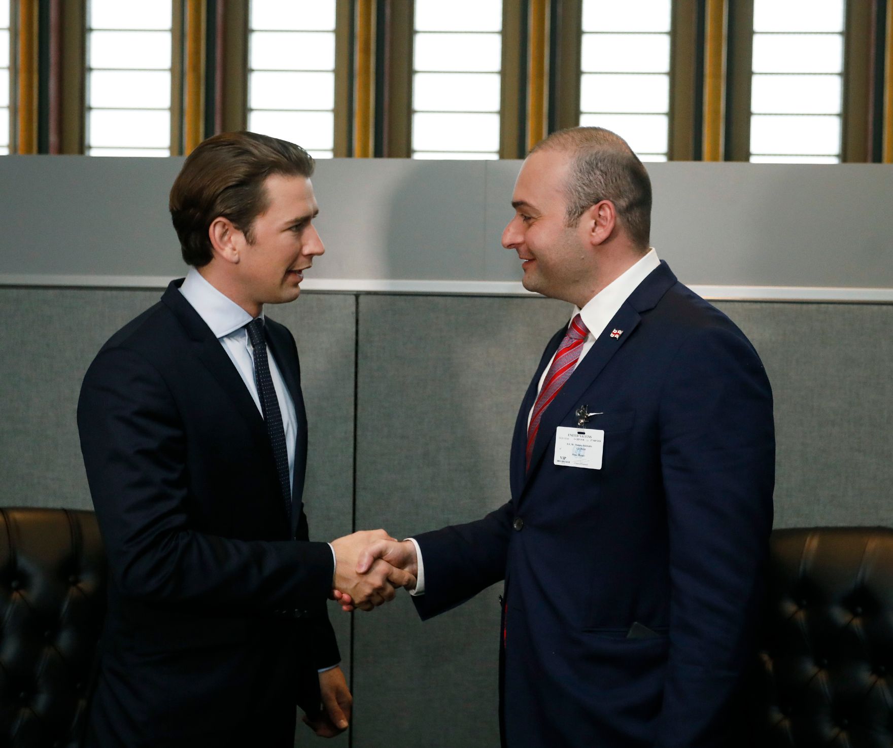 Am 25. September 2018 setzte Bundeskanzler Sebastian Kurz (l.) seine Reise anl&auml;sslich der UN-Generalversammlung nach New York fort. Im Bild mit dem Ministerpr&auml;sidenten von Georgien Mamuka Bakhtadze (r.).
