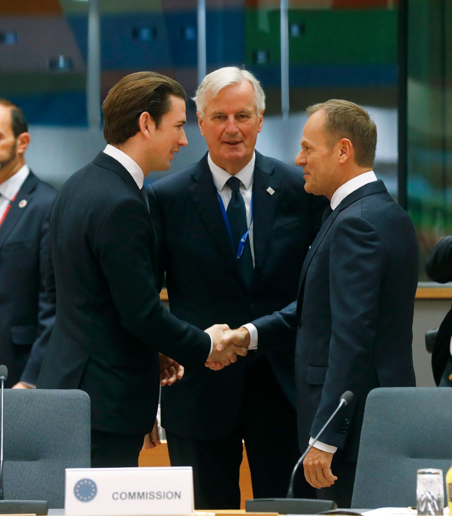 Am 25. November 2018 fand ein Brexit-Gipfel in Br&uuml;ssel statt. Im Bild Bundeskanzler Sebastian Kurz (l.) mit dem Beauftragten der EU-Kommission f&uuml;r die Austrittsverhandlungen mit dem Vereinigten K&ouml;nigreich Michel Barnier (m.) und dem Pr&auml;sidenten des Europ&auml;ischen Rates Donald Tusk (r.).