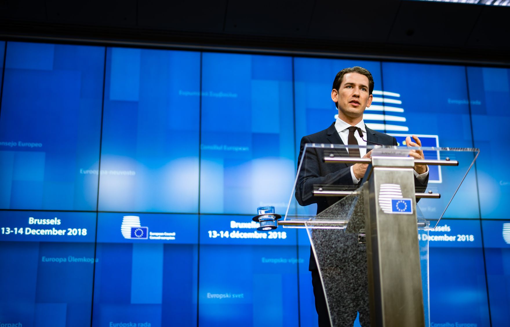 Am 14. Dezember 2018 setzte Bundeskanzler Sebastian Kurz seine Reise nach Br&uuml;ssel anl&auml;sslich des EU-Gipfels fort. Im Bild bei der Pressekonferenz.