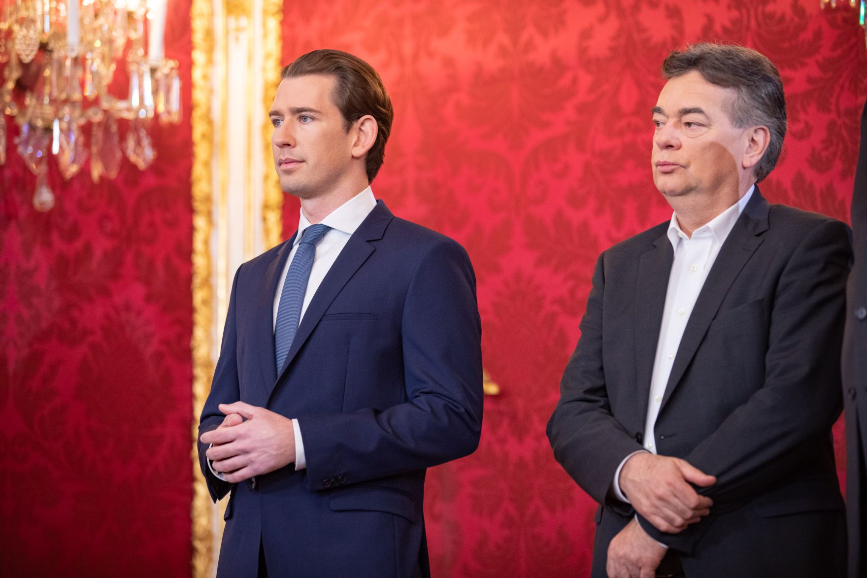 Am 7. J&auml;nner 2020 wurde die neue Bundesregierung vom Bundespr&auml;sidenten in der Pr&auml;sidentschaftskanzlei angelobt. Im Bild Bundeskanzler Sebastian Kurz (l.) und Vizekanzler Werner Kogler (r.).