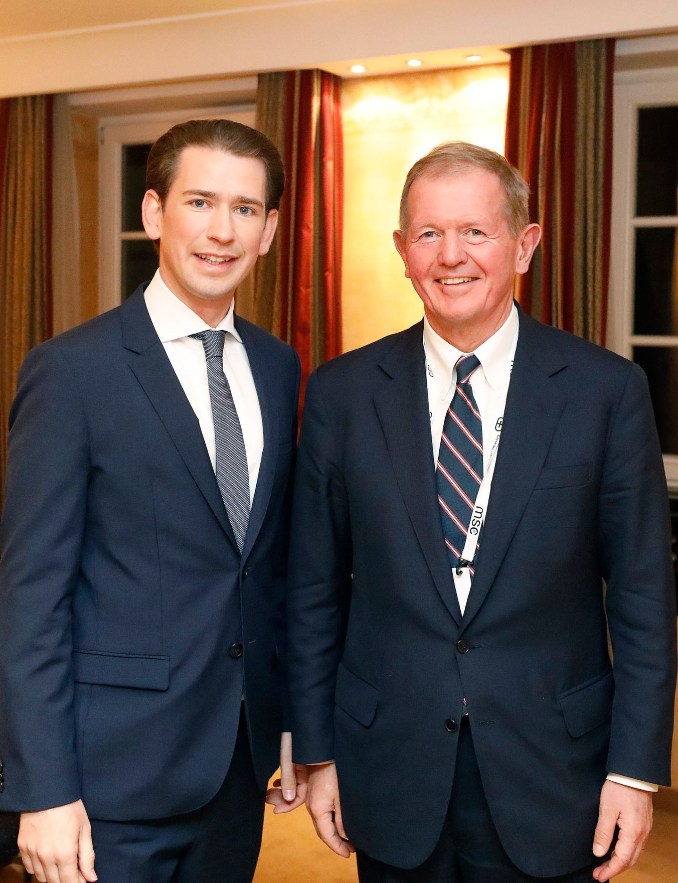 Am 14. Februar 2020 besuchte Bundeskanzler Sebastian Kurz (l.) die M&uuml;nchner Sicherheitskonferenz. Im Gespr&auml;ch mit dem schwedischer Bankier und Industriellen Marcus Wallenberg (r.).