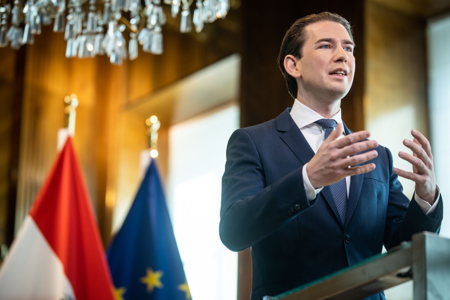Am 27. April 2020 fand anl&auml;sslich der 75. Wiederkehr des Tages der Wiedererrichtung der Republik &Ouml;sterreich ein Festakt im Bundeskanzleramt statt. Im Bild Bundeskanzler Sebastian Kurz.
