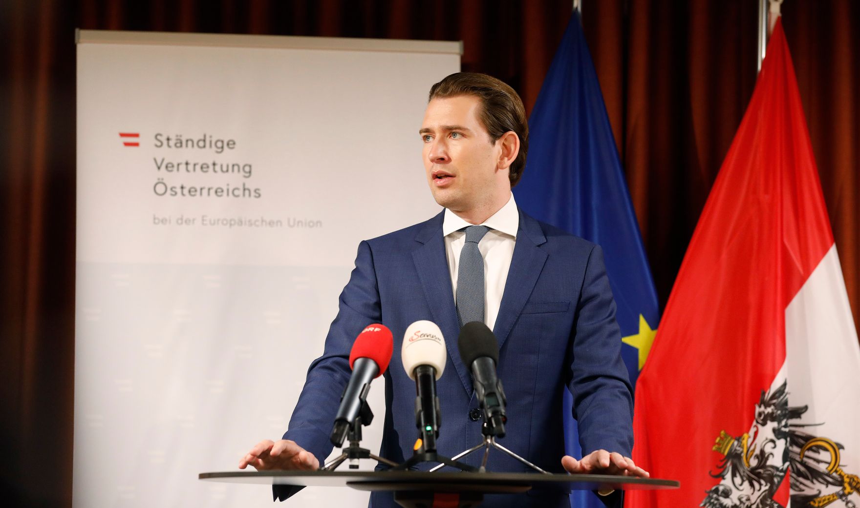 Am 2. Oktober 2020 gab Bundeskanzler Sebastian Kurz (im Bild) eine Pressekonferenz an der St&auml;ndigen Vertretung &Ouml;sterreichs bei der EU.