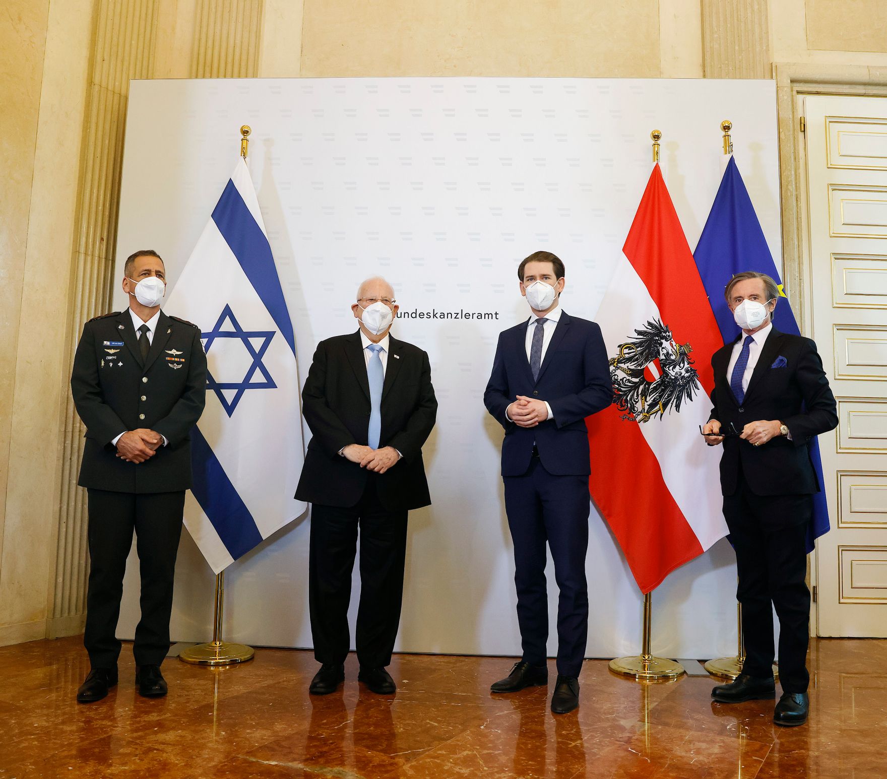 Am 17. M&auml;rz 2021 empfing Bundeskanzler Sebastian Kurz (m.r.) den israelischen Pr&auml;sidenten Reuven Rivlin (m.l.) zu einem Gespr&auml;ch.