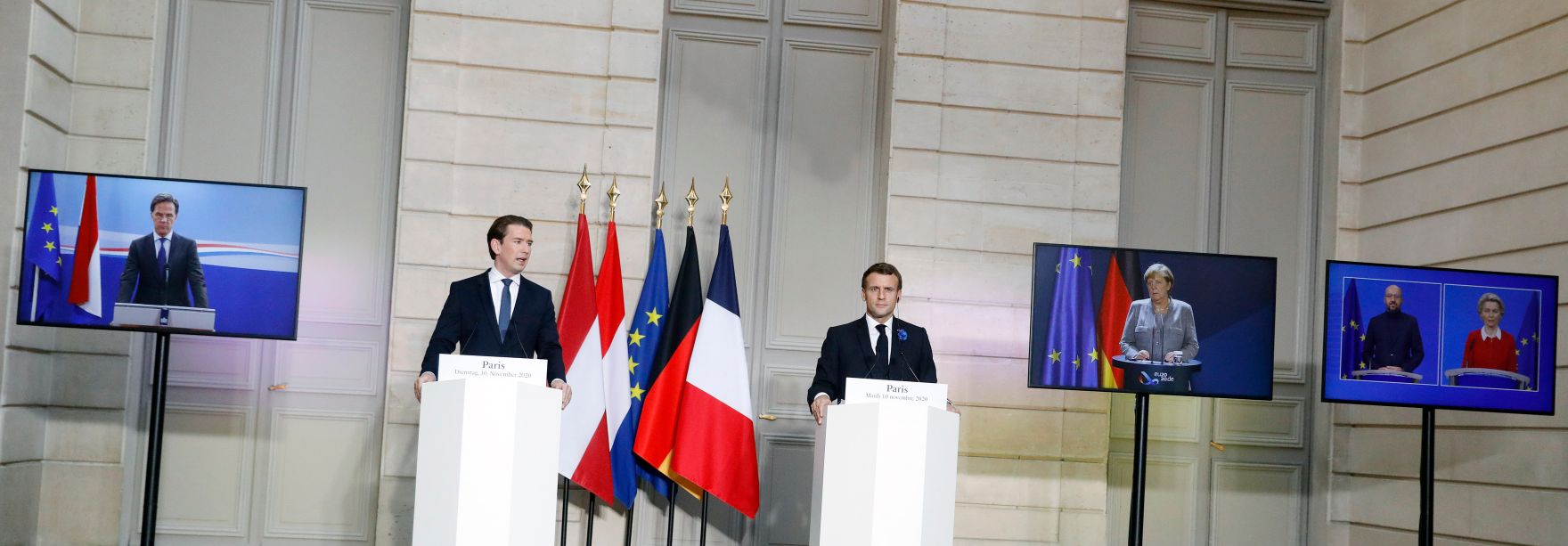 Am 10. November 2020 traf Bundeskanzler Sebastian Kurz (l.) im Rahmen seines Arbeitsbesuch in Paris den franz&ouml;sischen Staatspr&auml;sidenten Emmanuel Macron (r.). Im Bild bei der gemeinsamen Pressekonferenz.
