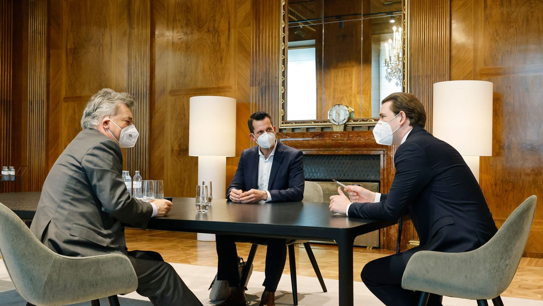 Am 14. April 2021 empfing Bundeskanzler Sebastian Kurz gemeinsam mit Vizekanzler Werner Kogler den zuk&uuml;nftigen Gesundheitsminister Wolfgang M&uuml;ckstein zu einem Gespr&auml;ch.