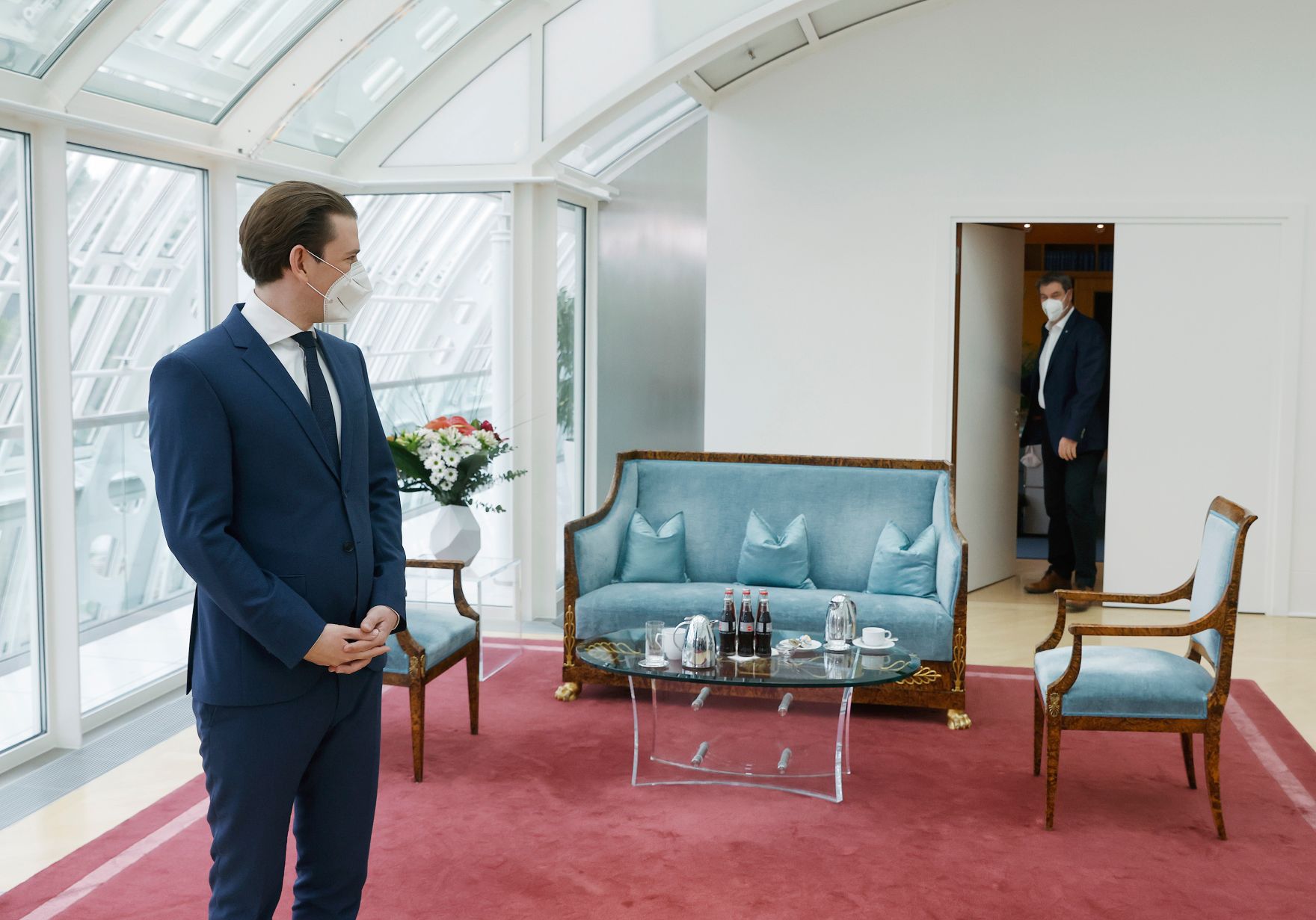 Am 11. Mai 2021 traf Bundeskanzler Sebastian Kurz (l.) im Rahmen seines Arbeitsbesuchs in M&uuml;nchen den bayrischen Ministerpr&auml;sident Markus S&ouml;der (r.).