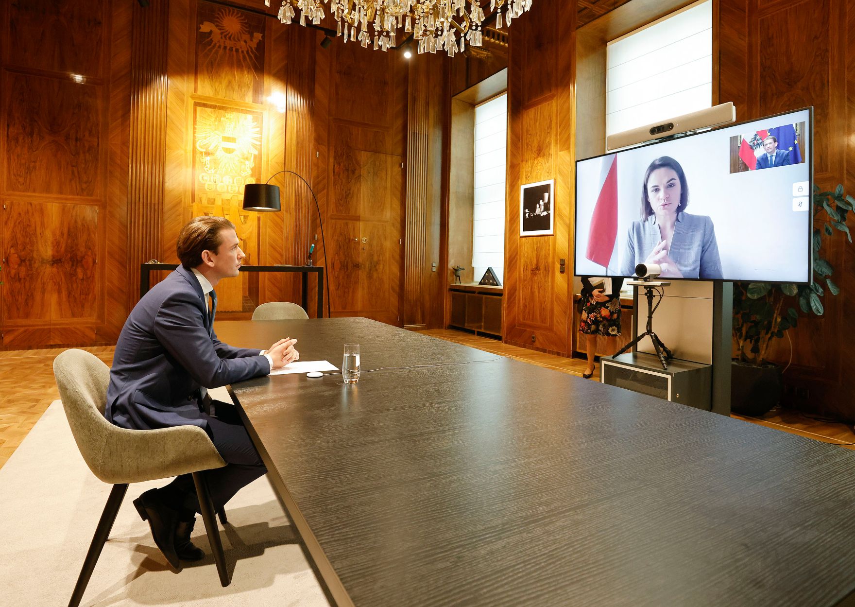 Am 1. Juni 2021 nahm Bundeskanzler Sebastian Kurz (im Bild) an einer Videokonferenz mit der wei&szlig;russischen Oppositionsf&uuml;hrerin Swjatlana Zichanouskaja teil.