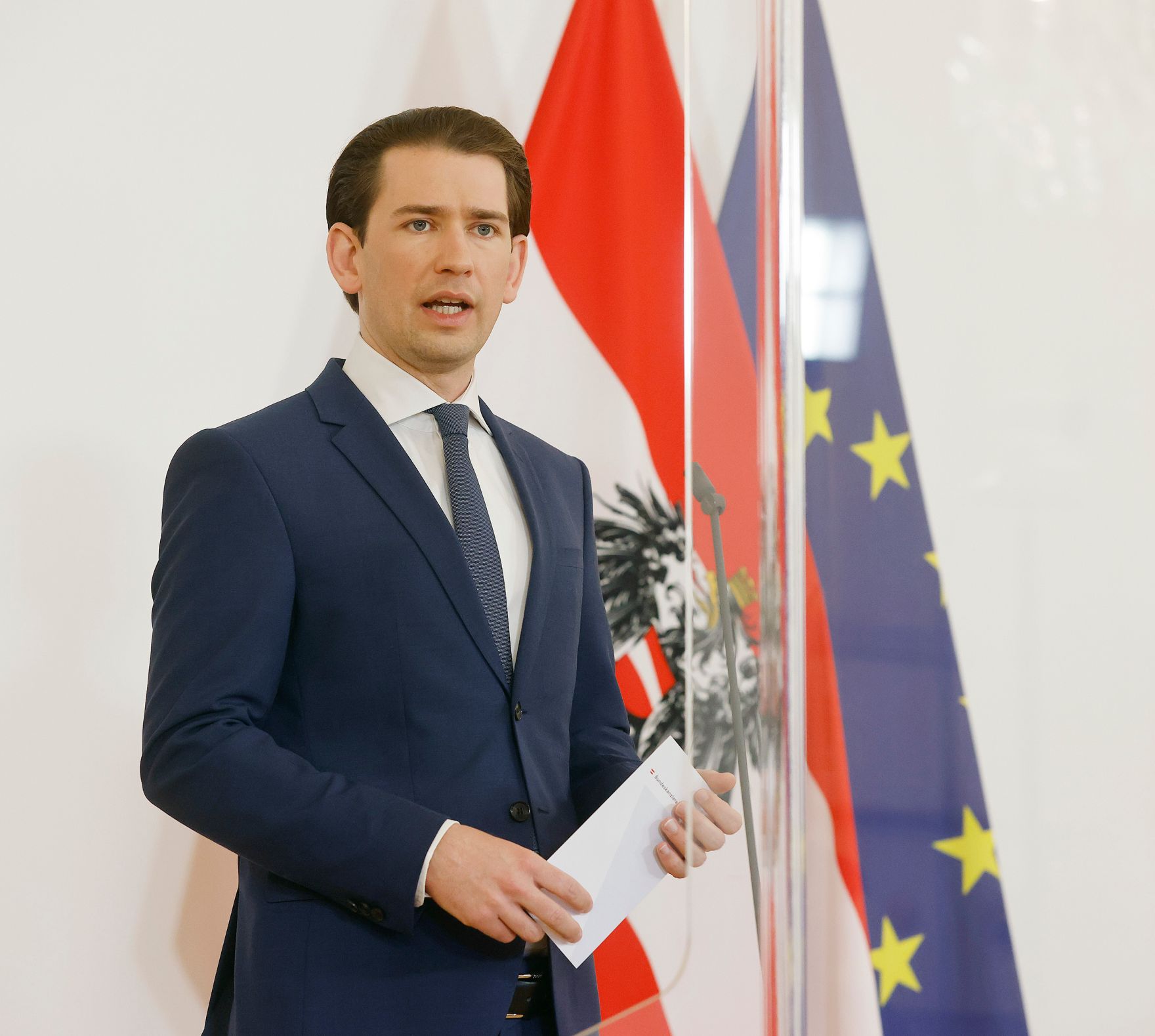 Am 1. Juni 2021 nahm Bundeskanzler Sebastian Kurz (im Bild) an einer Videokonferenz mit der wei&szlig;russischen Oppositionsf&uuml;hrerin Swjatlana Zichanouskaja teil. Im Anschluss daran fand ein Pressestatement statt.
