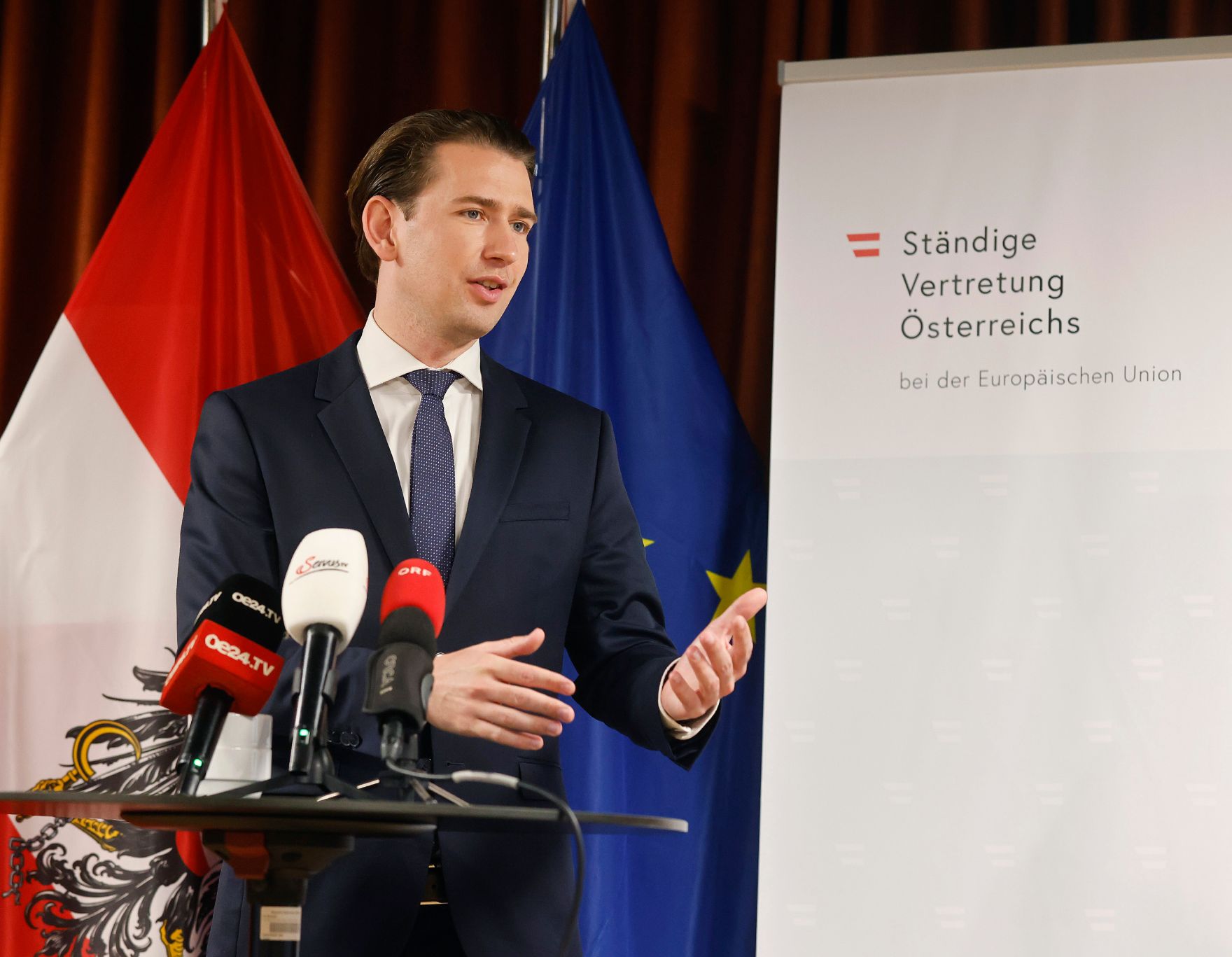 Am 25. Juni 2021 nahm Bundeskanzler Sebastian Kurz (im Bild) am Europ&auml;ischen Rat der Staats- und Regierungschefs teil. Im Bild beim Pressestatement.