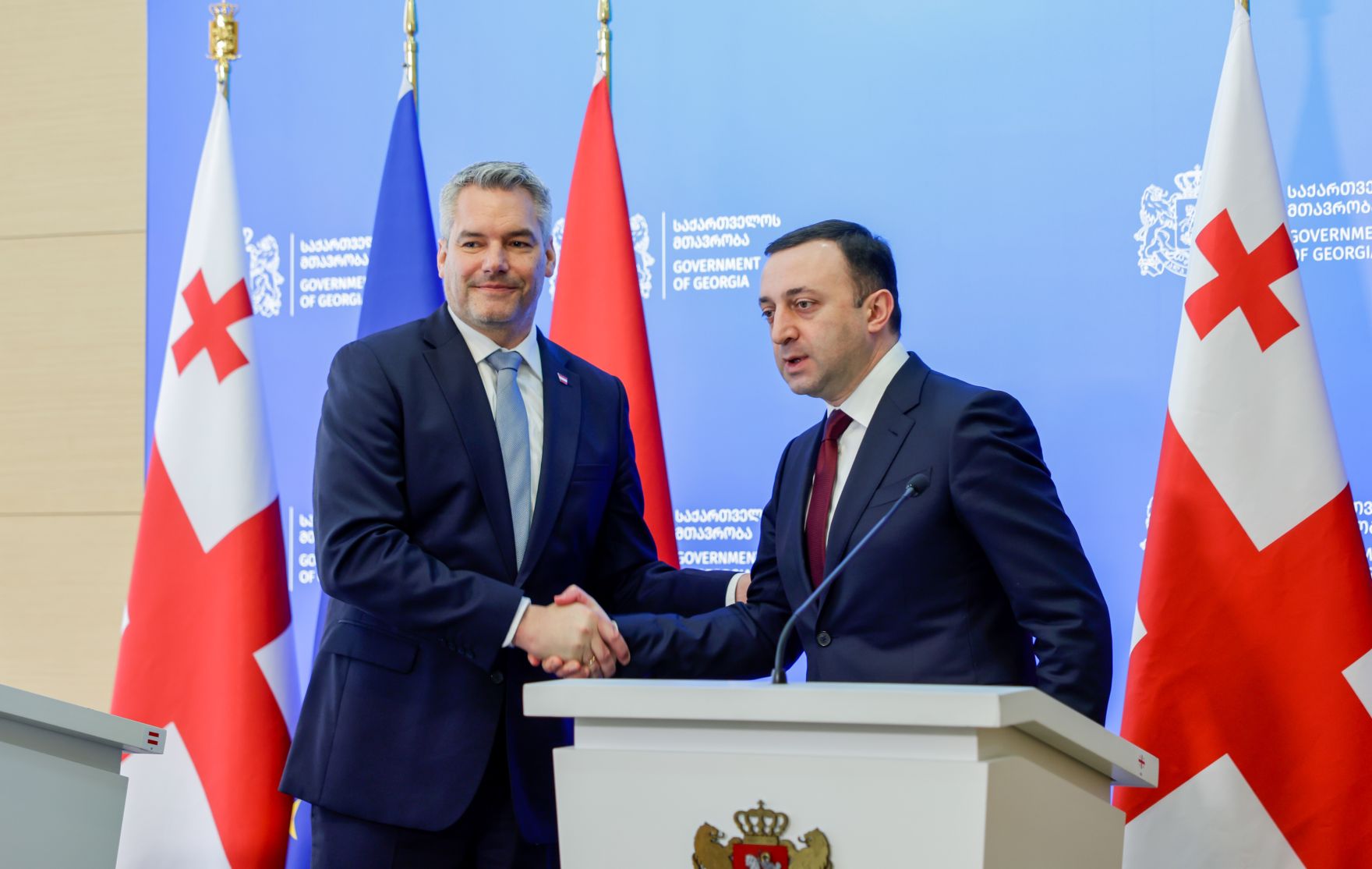 Am 30. J&auml;nner 2023 reiste Bundeskanzler Karl Nehammer (l.) zu einem Arbeitsbesuch nach Georgien. Im Bild mit dem georgischen Ministerpr&auml;sident Irakli Garibaschwili (r.).