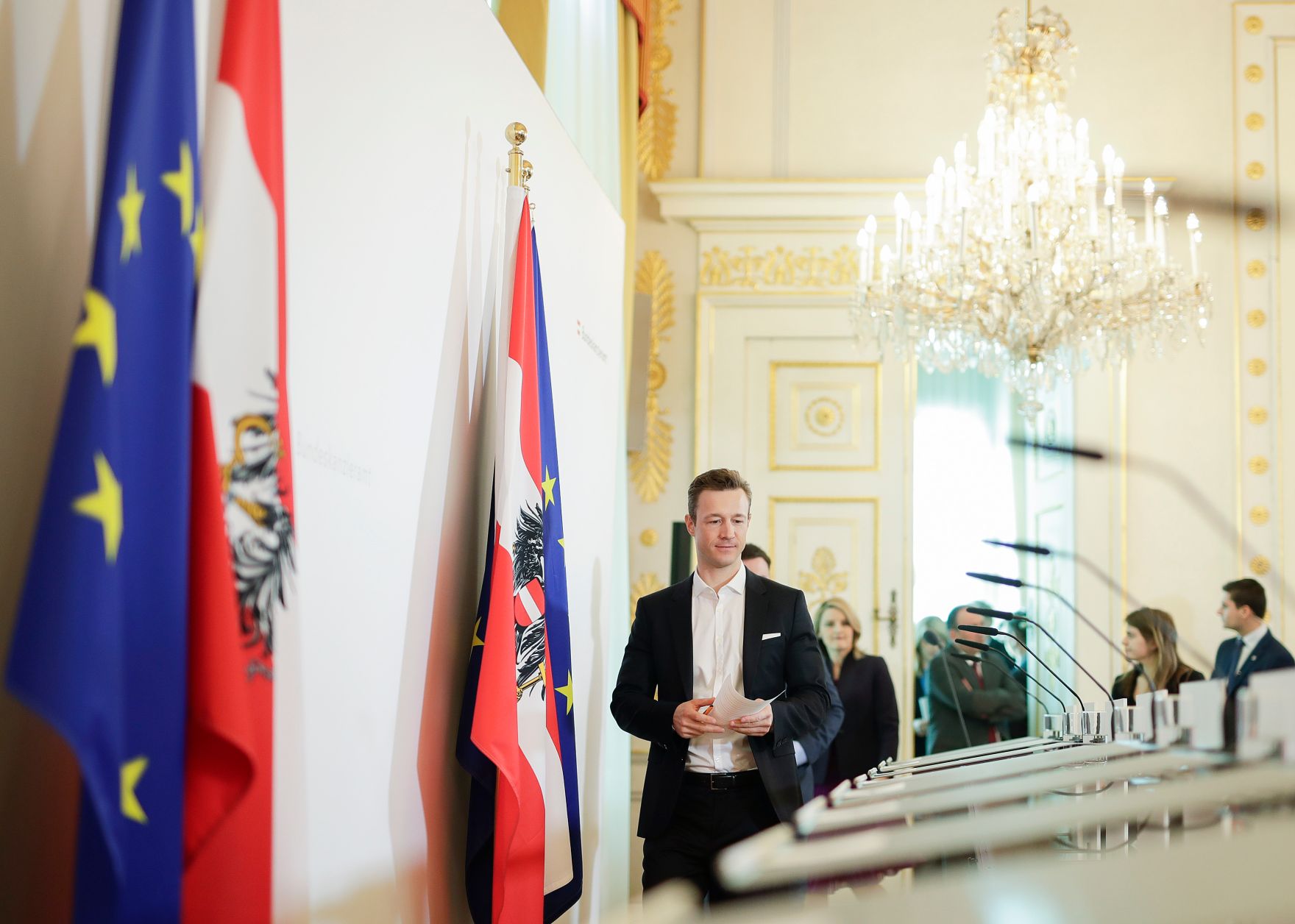 Am 21. Februar 2019 lud Bundesminister Gernot Bl&uuml;mel zur Konferenz "Future of the EU - view from the Western Balkans". Im Bild beim Pressestatement.