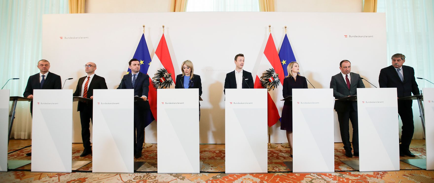 Am 21. Februar 2019 lud Bundesminister Gernot Bl&uuml;mel zur Konferenz "Future of the EU - view from the Western Balkans". Im Bild beim Pressestatement.