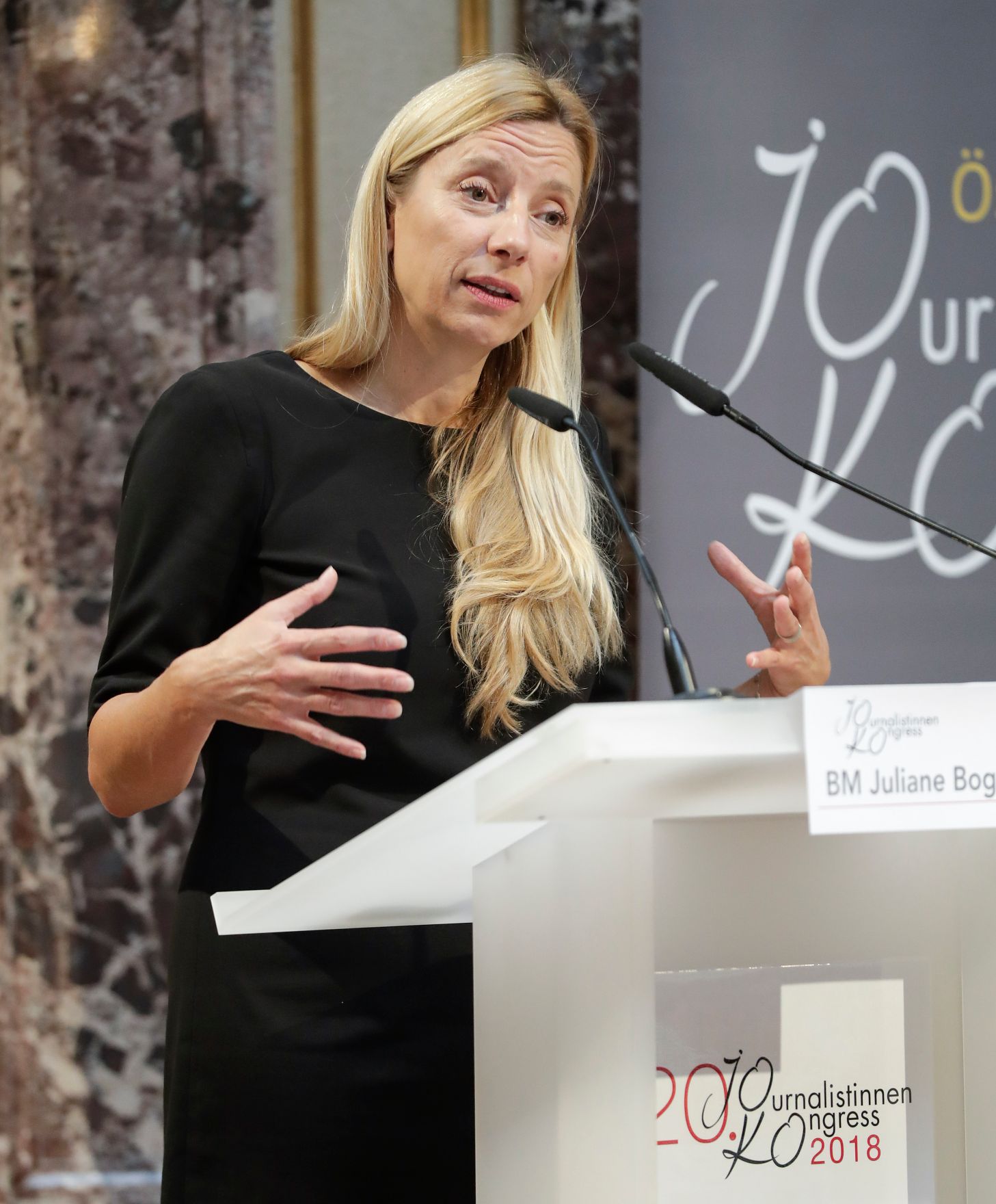 Am 7. November 2018 sprach Bundesministerin Juliane Bogner-Strau&szlig; (im Bild) die Begr&uuml;&szlig;ungsworte beim Journalistinnenkongress 2018 &bdquo;20 years ago - 20 years ahead - R&uuml;ckschritt oder Vormarsch&ldquo;.