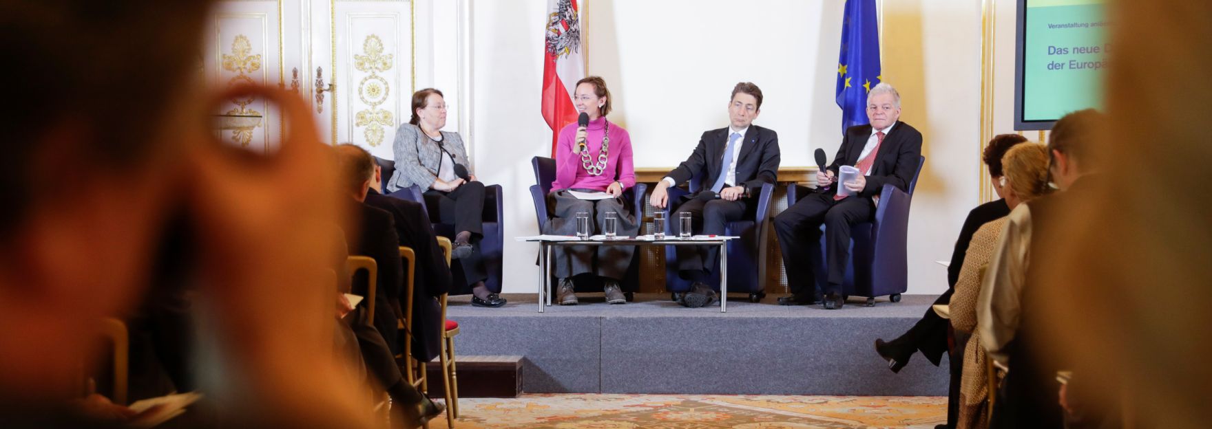 Am 23. Februar 2017 fand im Bundeskanzleramt anl&auml;sslich des 11. Europ&auml;ischen Datenschutztages die Veranstaltung 'Das neue Datenschutzrecht in der Europ&auml;ischen Union' statt. Im Bild (v.l.n.r.) Leiterin der Datenschutzbeh&ouml;rde Andrea Jelinek, Sarah Spiekermann von der Wirtschaftsuniversit&auml;t Wien, Nikolaus Forg&oacute; von der Leibniz Universit&auml;t Hannover und Johann Maier Vorsitzender des Datenschutzrates.
