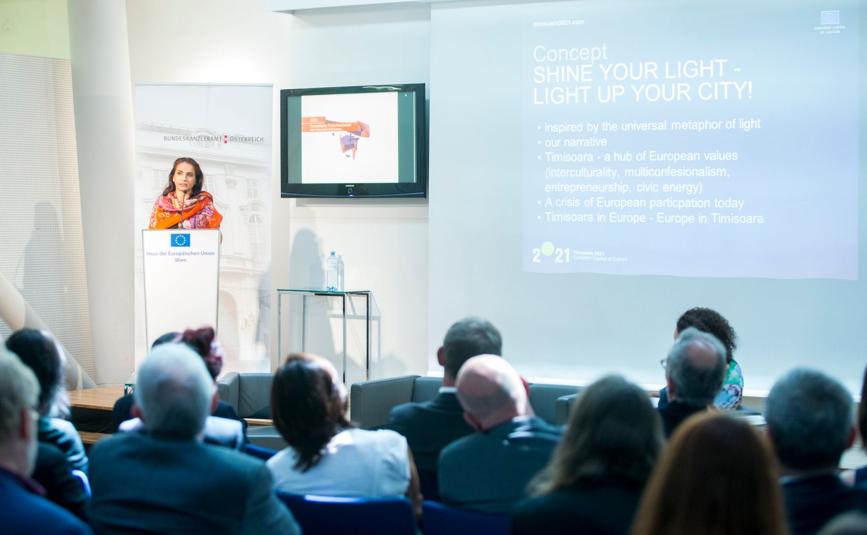 Am 9. Juni 2017 nahm Kunst- und Kulturminister Thomas Drozda an der Veranstaltung "Europ&auml;ische Kulturhauptstadt 2024 - Mehr Kultur durch mehr Europa" teil. Im Bild Simona Neumann, Gesch&auml;ftsf&uuml;hrerin, Timişoara 2021.