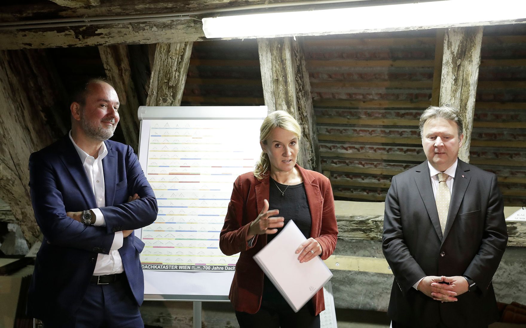 Am 15. September 2017 nahm Kunst- und Kulturminister Thomas Drozda (l.) an der Pressekonferenz zum Projekt "Dachkataster Wien - Innere Stadt" teil. Im Bild mit Hanna-Antje Liebich (m.) vom Bundesdenkmalamt und Stadtrat Michael Ludwig (r.).