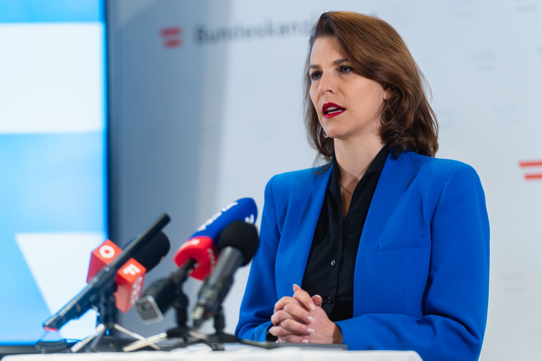 Am 11. November 2024 nahm Bundesministerin Karoline Edtstadler (im Bild) am dritten Nationalen Forum gegen Antisemitismus teil. Im Bild beim Doorstep.