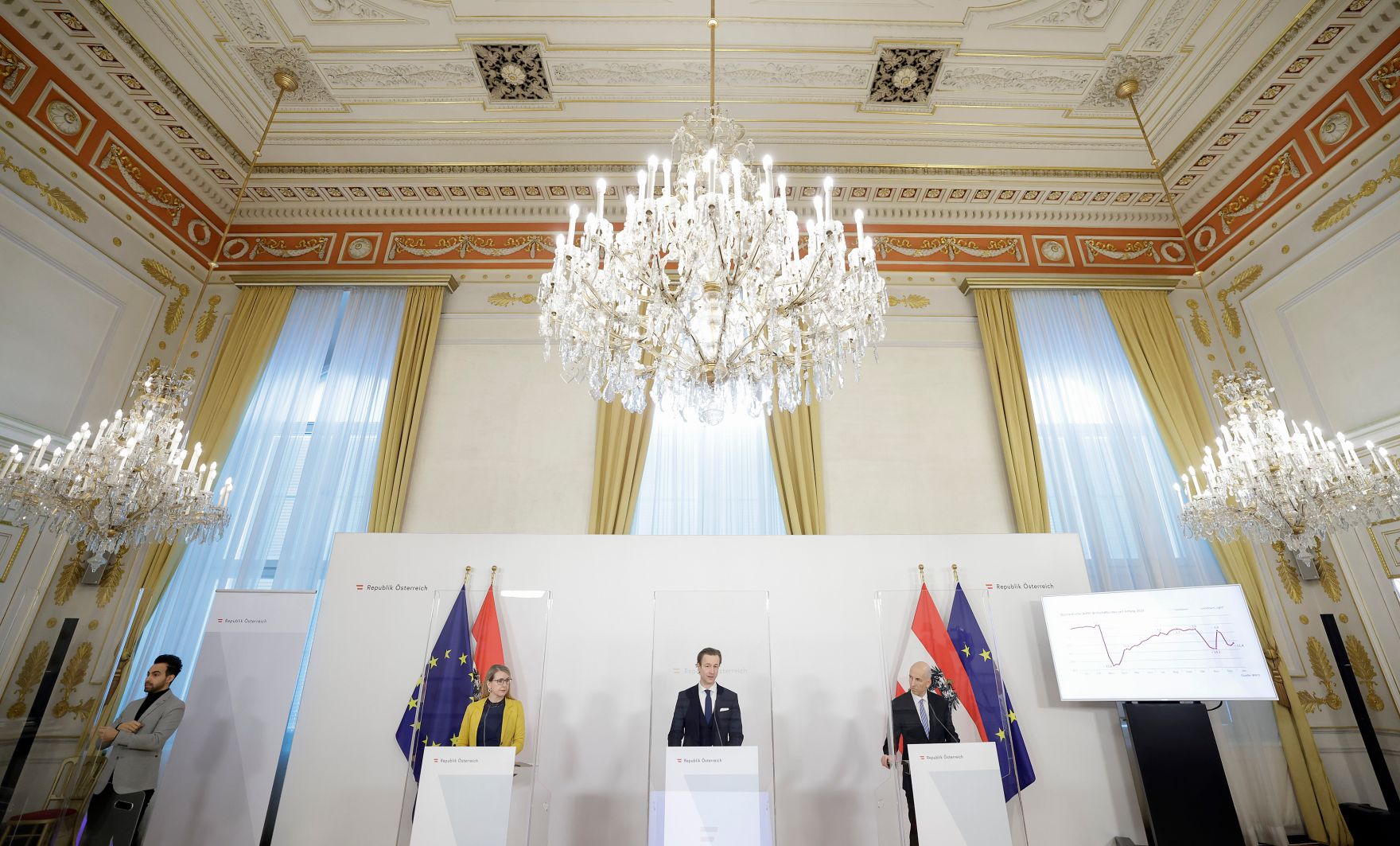 Am 26. J&auml;nner 2021 fand eine Pressekonferenz zur aktuellen Lage am Arbeitsmarkt statt. Im Bild (v.l.n.r.) Bundesministerin Margarete Schramb&ouml;ck, Bundesminister Gernot Bl&uuml;mel und Bundesminister Martin Kocher.