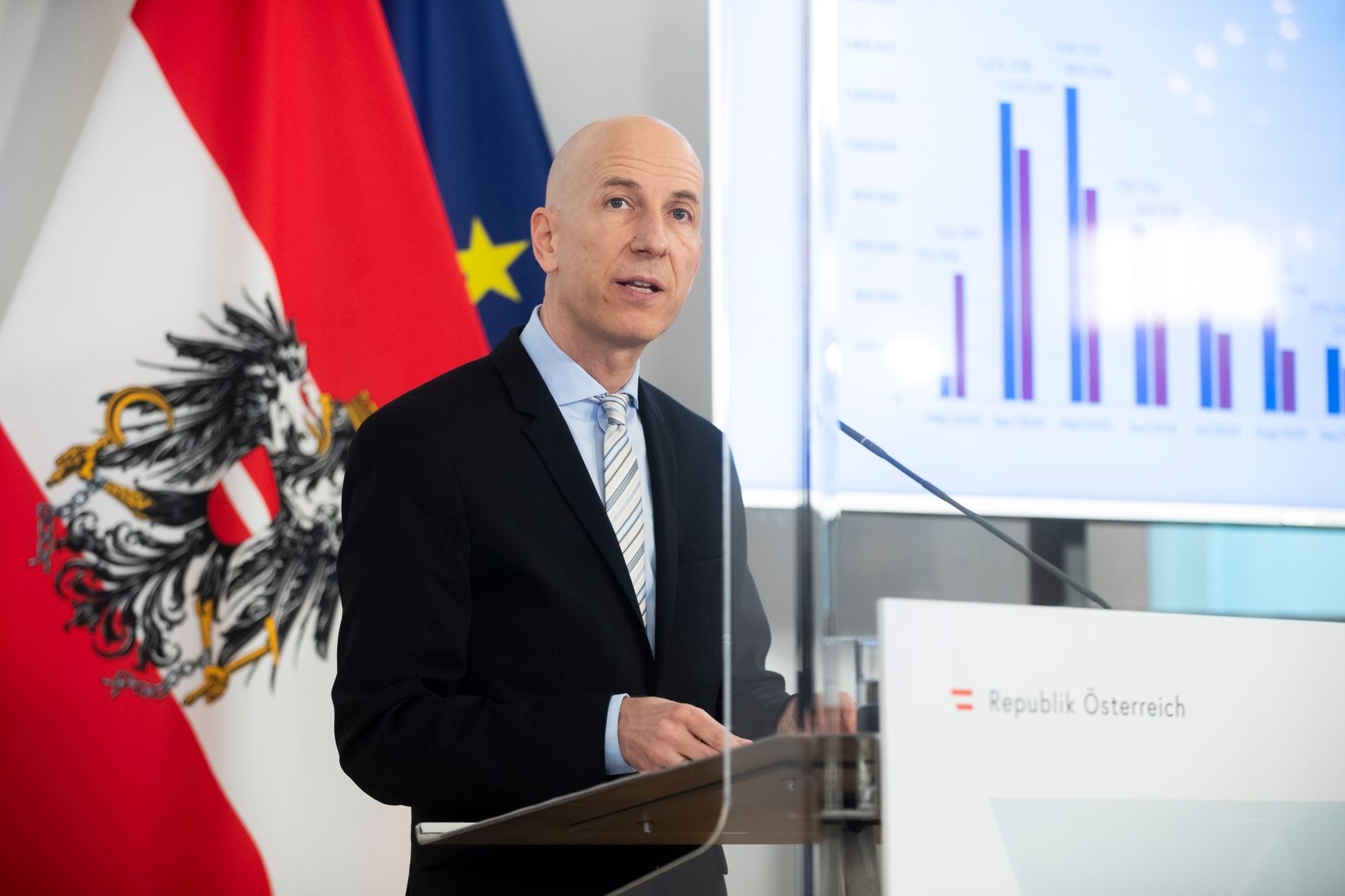 Am 2. M&auml;rz 2021 fand eine Pressekonferenz zur aktuellen Lage am Arbeitsmarkt statt. Im Bild Bundesminister Martin Kocher.