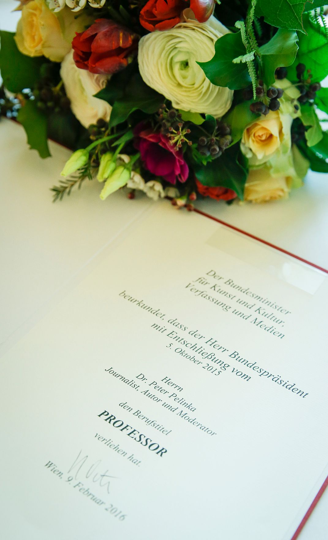 Am 9. Februar 2016 &uuml;berreichte Kunst- und Kulturminister Josef Ostermayer die Urkunde, mit der Peter Pelinka der Berufstitel Professor verliehen wurde.