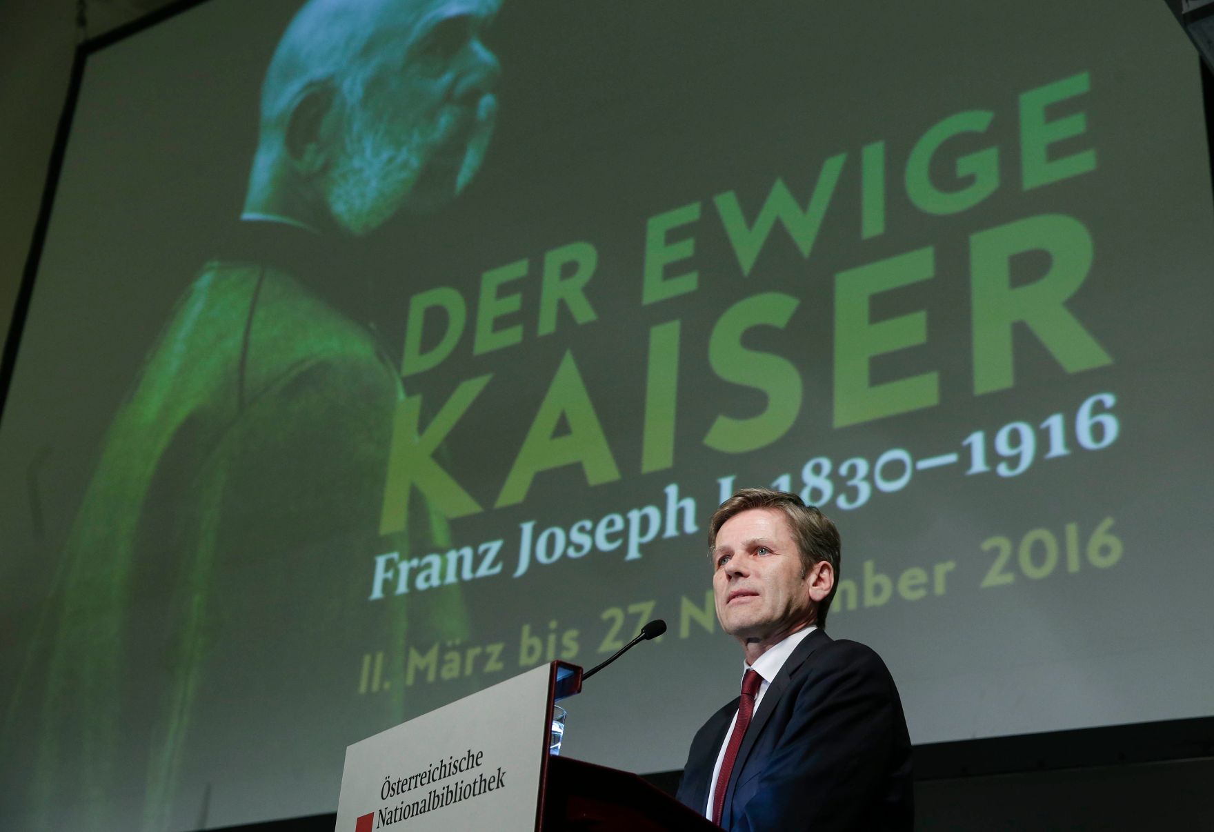 Am 10. M&auml;rz 2016 hielt Kunst- und Kulturminister Josef Ostermayer (im Bild) eine Ansprache bei der Ausstellungser&ouml;ffnung &quot;Der ewige Kaiser. Franz Joseph I. 1830-1916&quot; in der &Ouml;sterreichischen Nationalbibliothek.