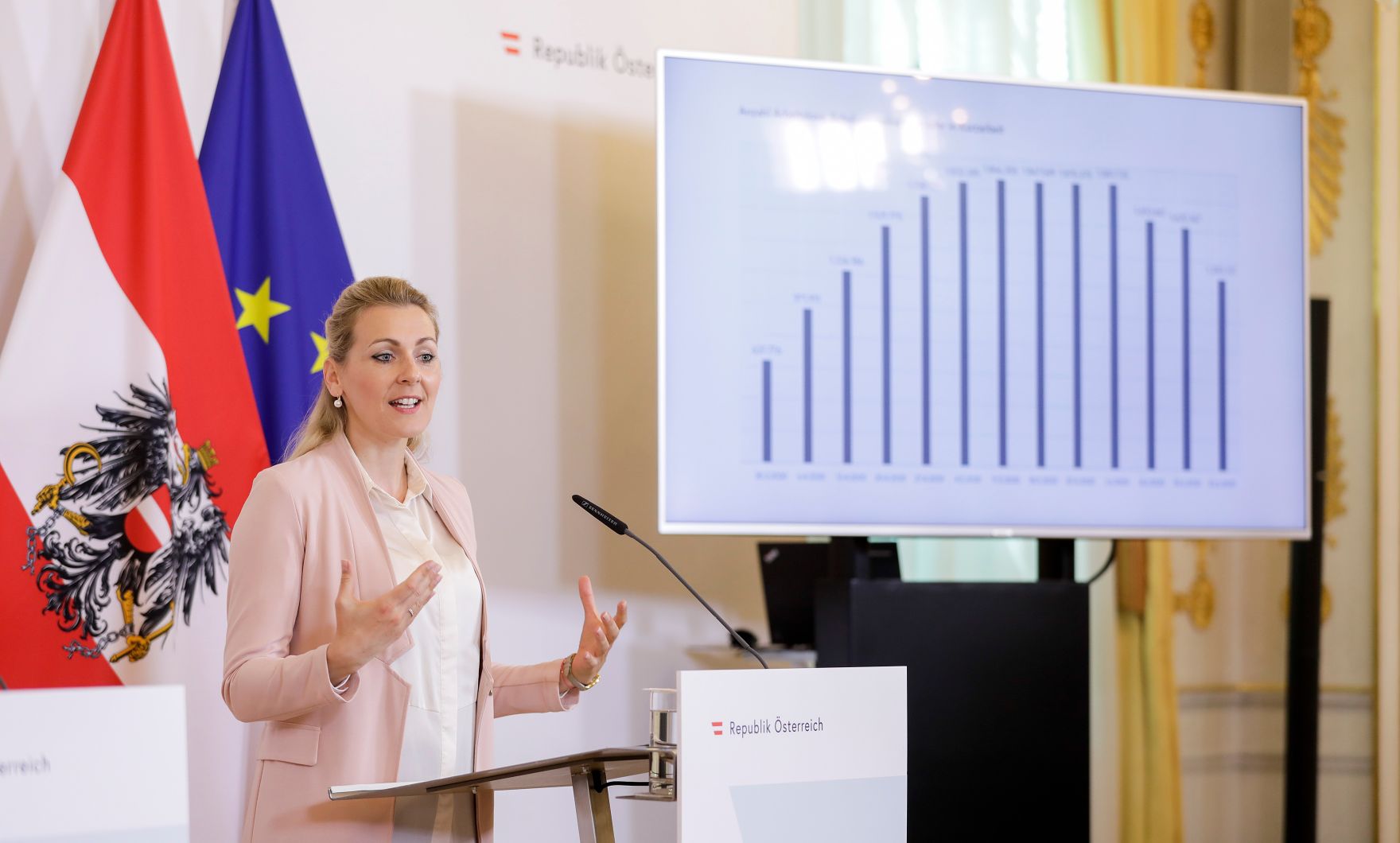 Am 23. Juni 2020 fand ein Pressestatement zu den Ma&szlig;nahmen gegen die Krise im Bundeskanzleramt statt. Im Bild Arbeitsministerin Christine Aschbacher.