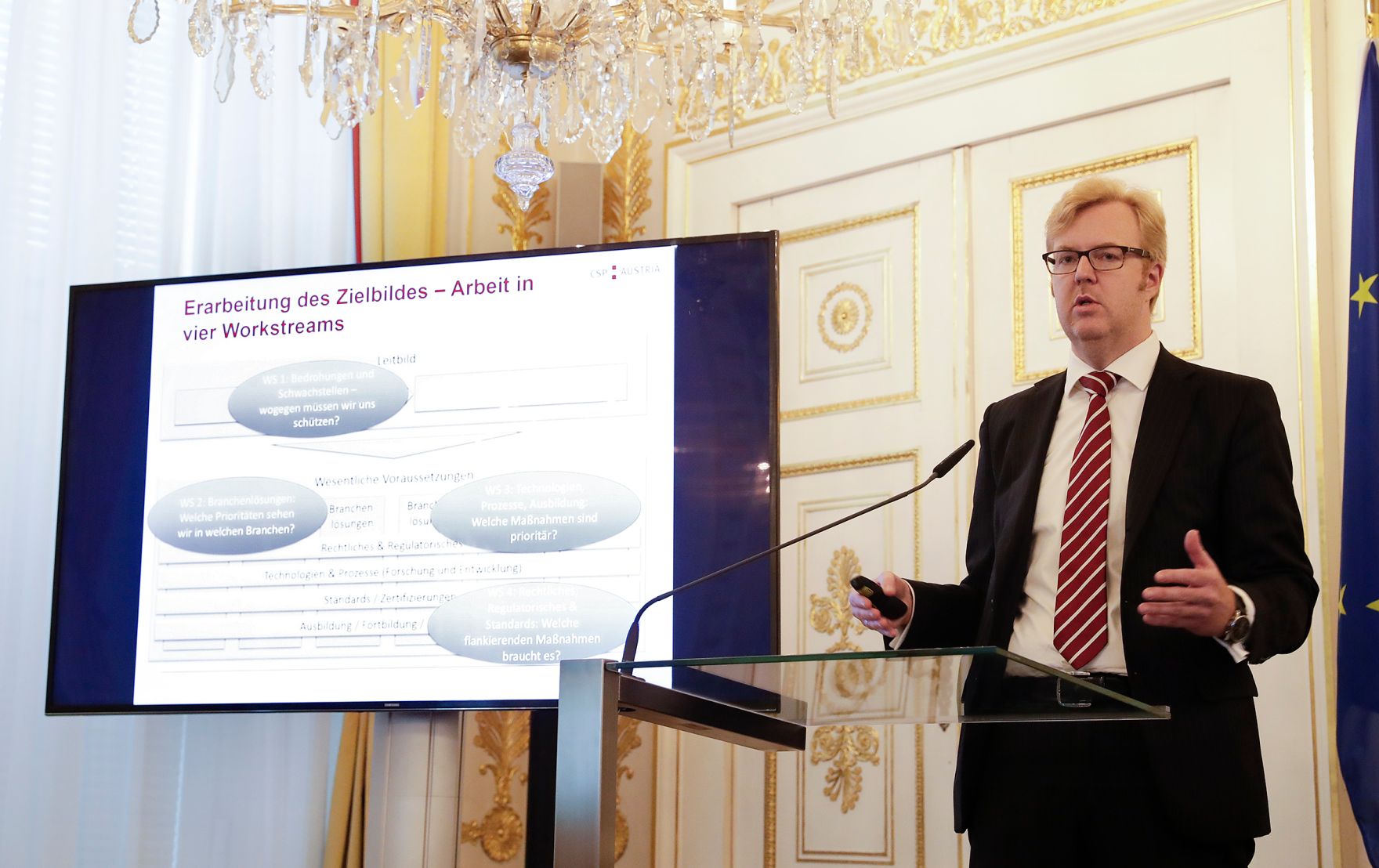 Am 5. Mai 2017 fand im Bundeskanzleramt die 4. Arbeitstagung der Cyber Sicherheit Plattform statt. Im Bild Thomas Stubbings von der Cyber Security Plattform CSP.