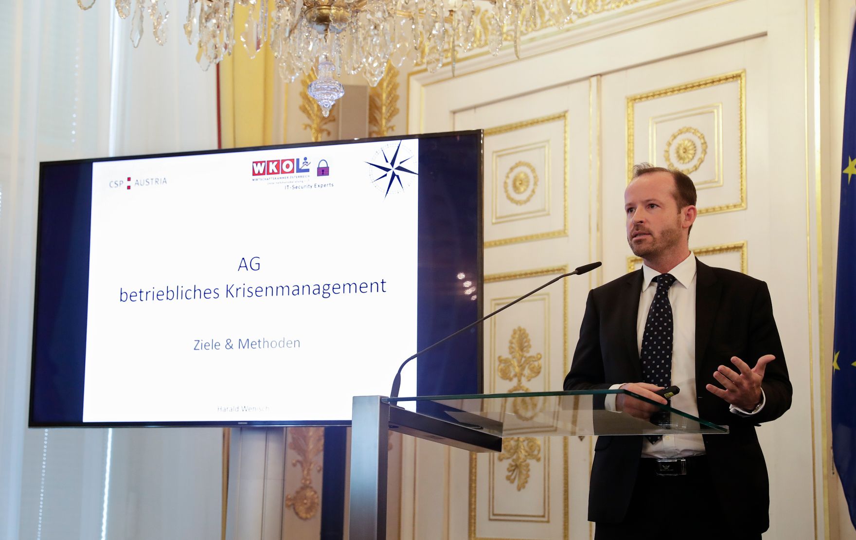 Am 5. Mai 2017 fand im Bundeskanzleramt die 4. Arbeitstagung der Cyber Sicherheit Plattform statt. Im Bild Harald Wenisch, Sprecher der IT Security ExpertsGroup der Wirtschaftskammer &Ouml;sterreich.