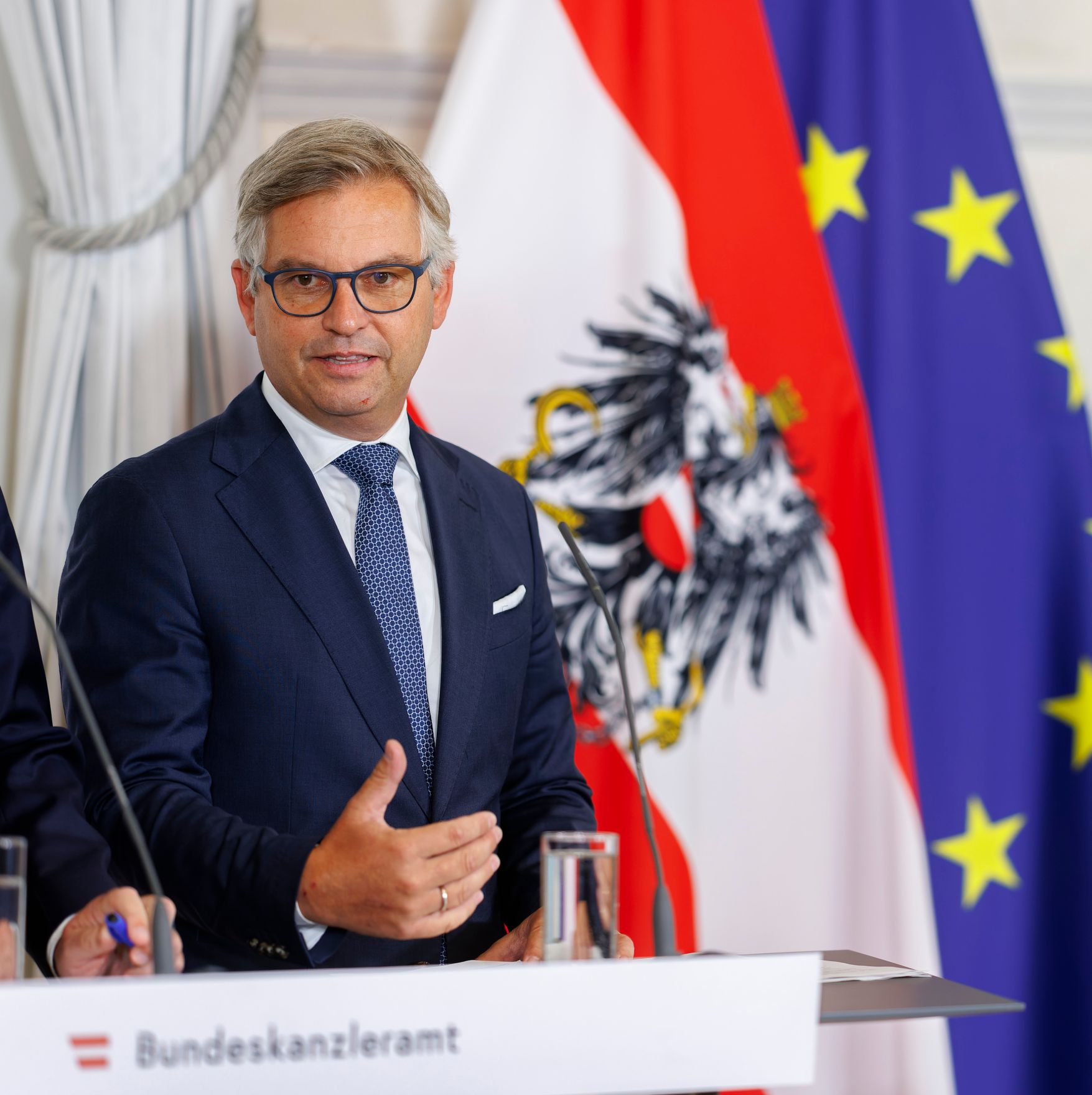 Am 15. September 2023 gab Bundeskanzler Karl Nehammer gemeinsam mit Bundesminister Magnus Brunner (im Bild) und Bundesminister Johannes Rauch eine Pressekonferenz zur Abschaffung der kalten Progression.