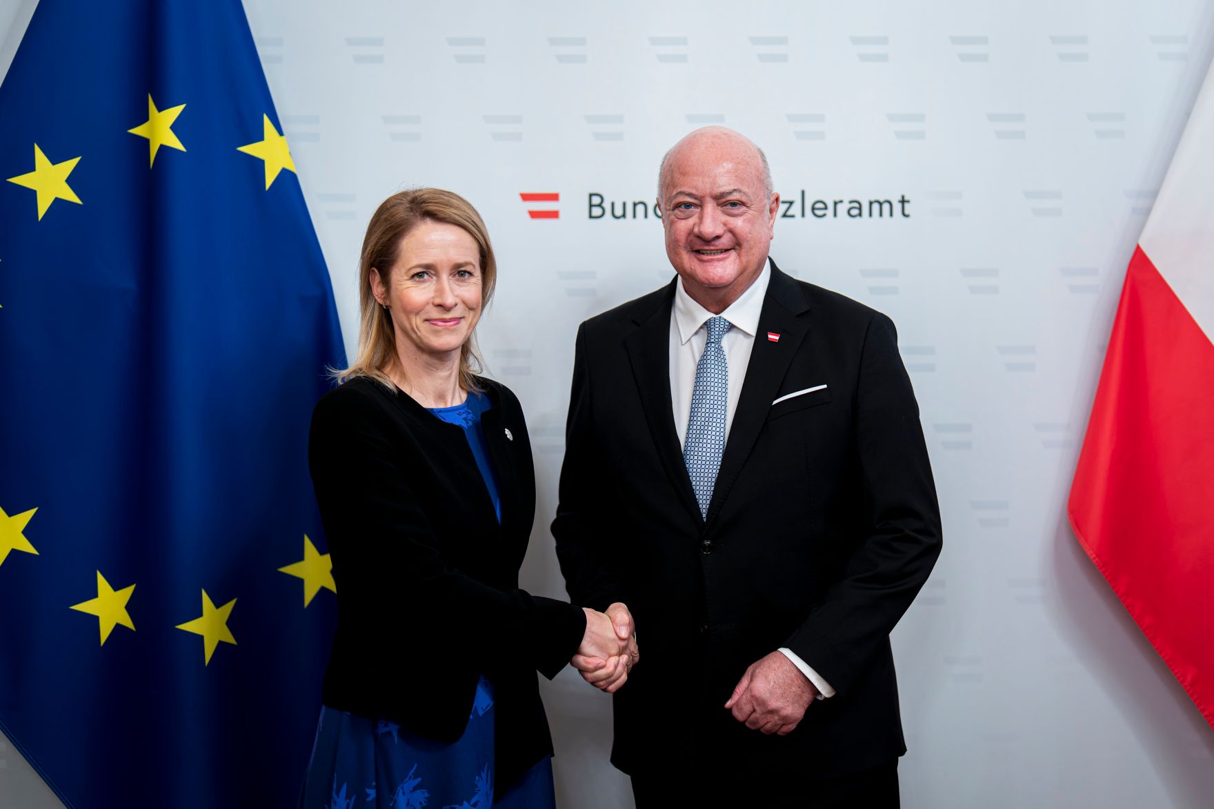 Am 4. Dezember empfing Bundeskanzler Christian Stocker (r.) die Hohe Vertreterin der Europ&auml;ischen Union f&uuml;r Au&szlig;en- und Sicherheitspolitik und Vizepr&auml;sidentin der Europ&auml;ischen Kommission, Kaja Kallas (l.) zu einem Arbeitsbesuch im Bundeskanzleramt.