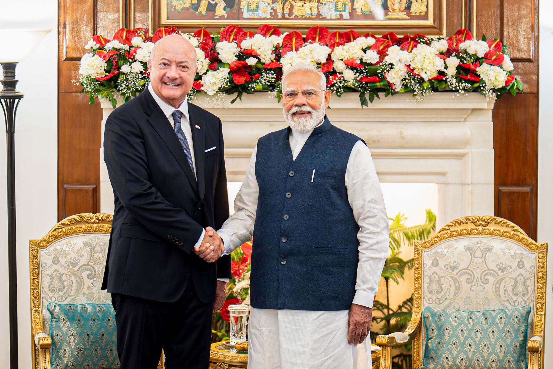 Am 16. April 2026 setzte Bundeskanzler Christian Stocker (l.) seinen mehrt&auml;gigem Arbeitsbesuch in Indien fort. Im Bild beim Arbeitsgespr&auml;ch mit dem Premierminister von Indien Narendra Modi (r.).