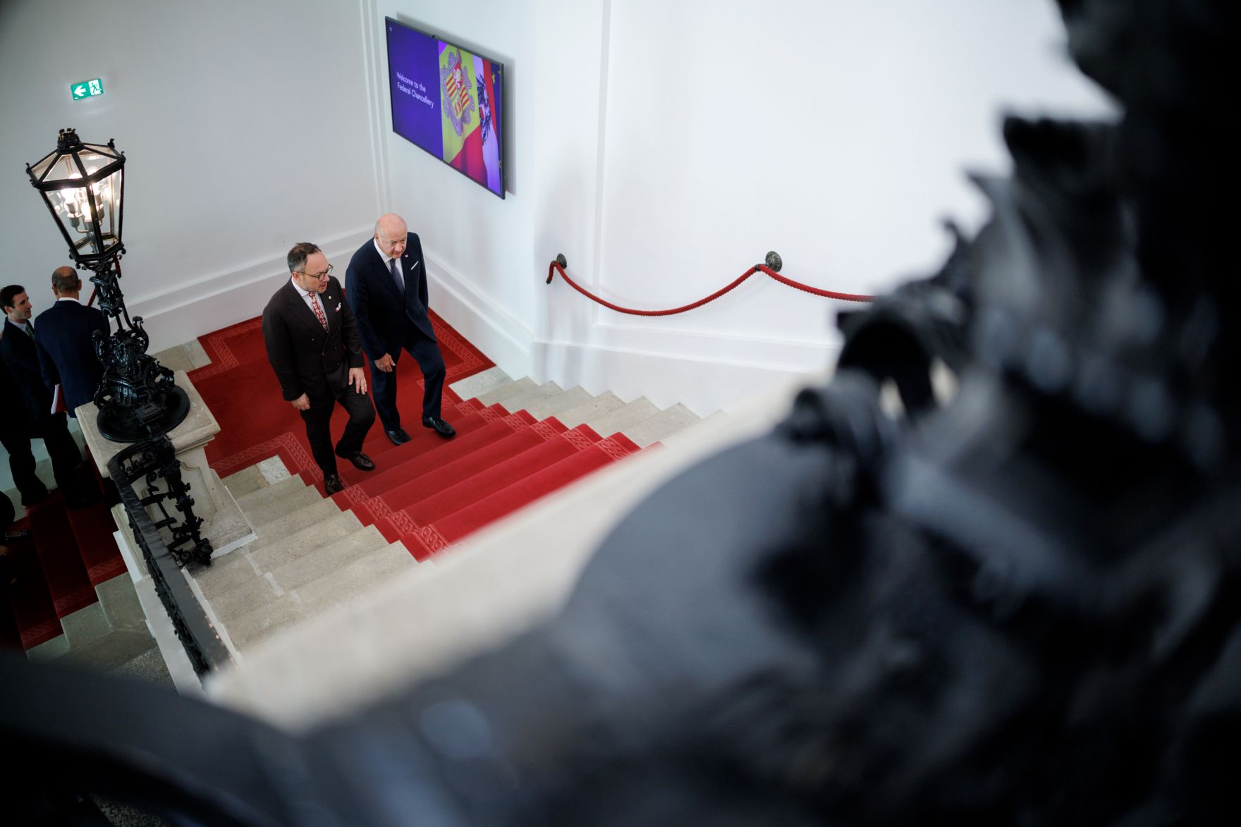 Am 28. Mai 2026 empfing Bundeskanzler Christian Stocker (r.) den Premierminister von Andorra Xavier Espot Zamora (2.v.r.) zu einem Arbeitsbesuch im Bundeskanzleramt.