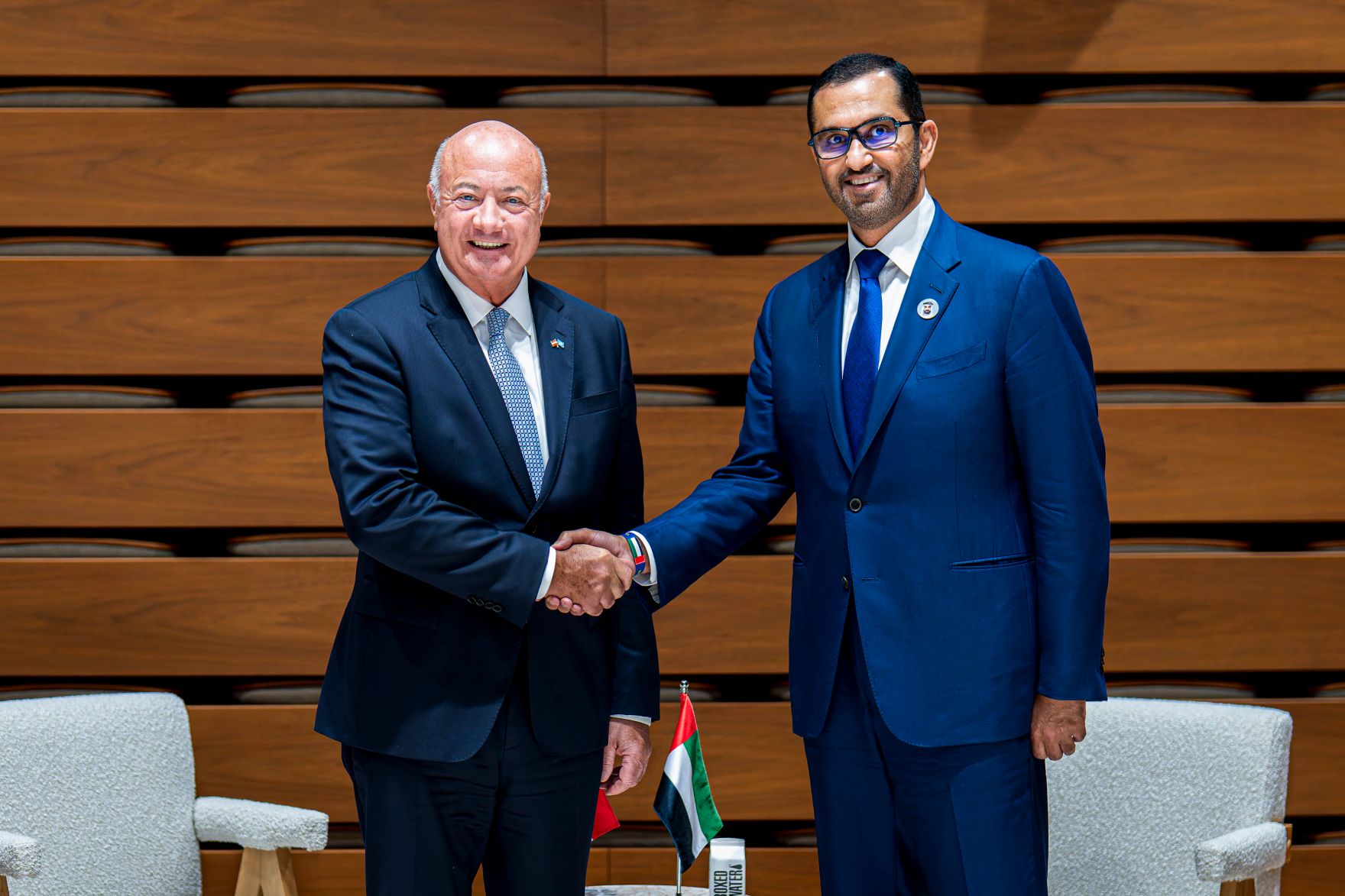 Am 21. September reiste Bundeskanzler Christian Stocker (l.) zu einem mehrt&auml;gigen Arbeitsbesuch nach New York. Im Bild mit dem Minister f&uuml;r Industrie und Fortschrittstechnologie der Vereinigten Arabischen Emirate Sultan Ahmed Al Jaber (r.).