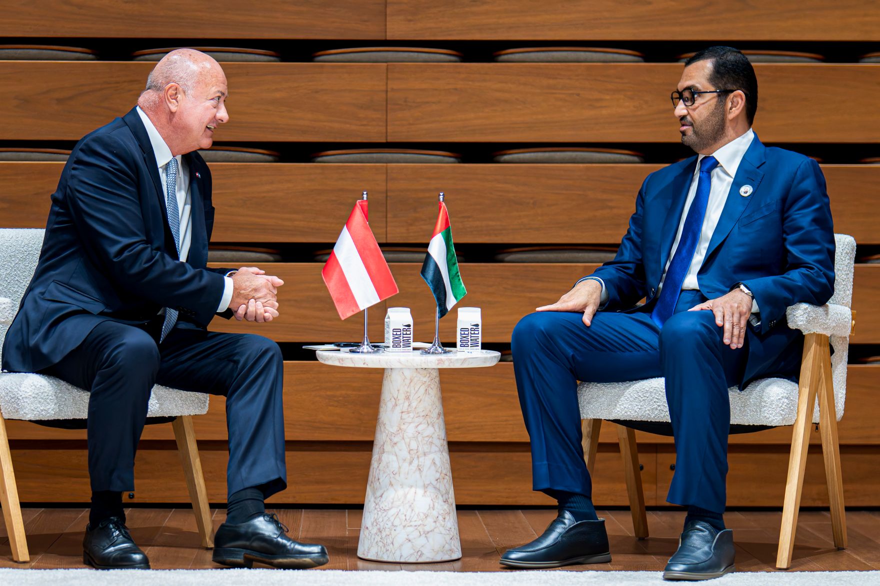 Am 21. September reiste Bundeskanzler Christian Stocker (l.) zu einem mehrt&auml;gigen Arbeitsbesuch nach New York. Im Bild mit dem Minister f&uuml;r Industrie und Fortschrittstechnologie der Vereinigten Arabischen Emirate Sultan Ahmed Al Jaber (r.).
