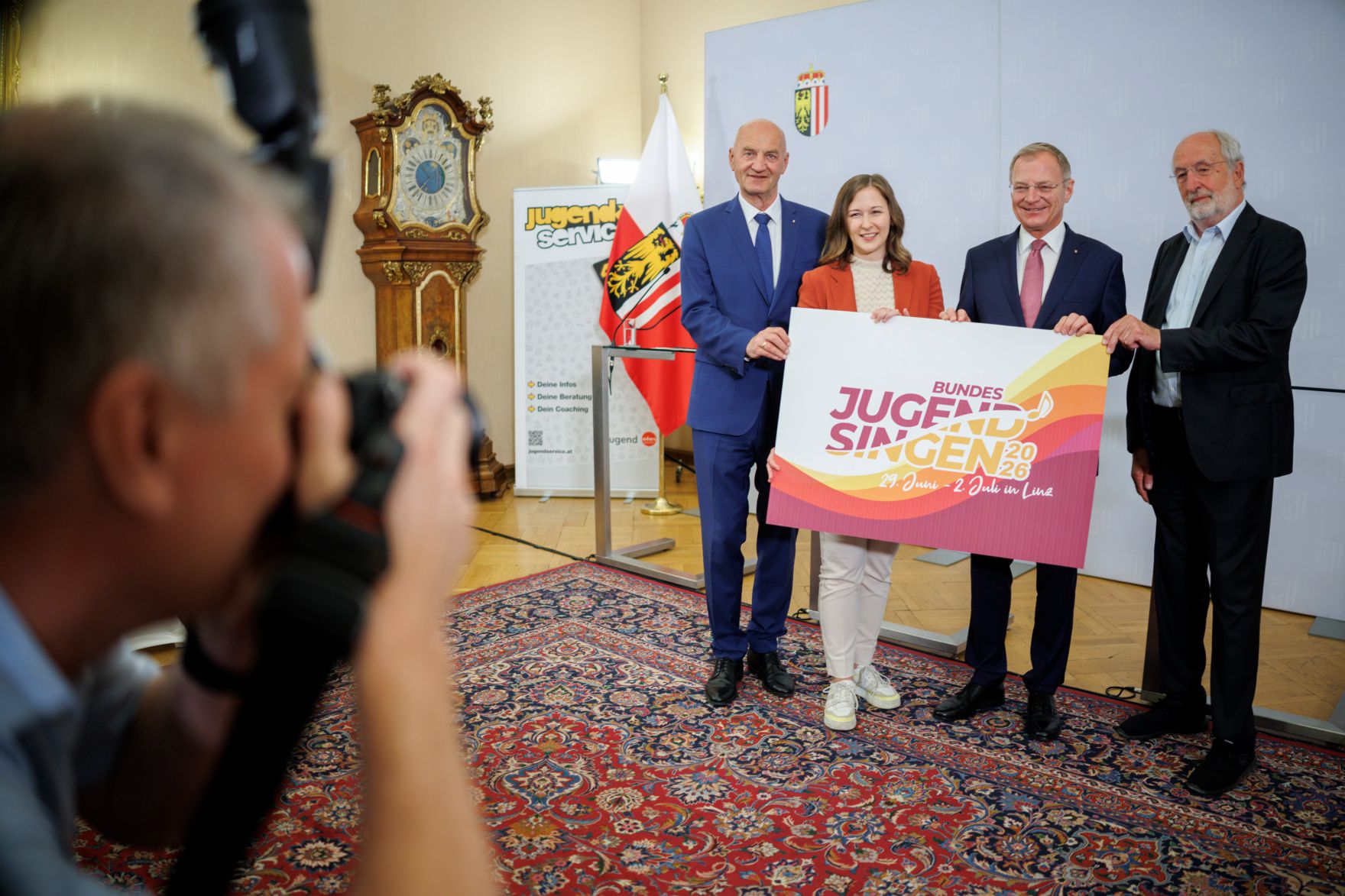Am 23. Juni 2026 nahm Bundesministerin Claudia Bauer (2.v.l.) im Rahmen ihres Bundesl&auml;ndertages an der Pressekonferenz zum Bundesjugendsingen teil.