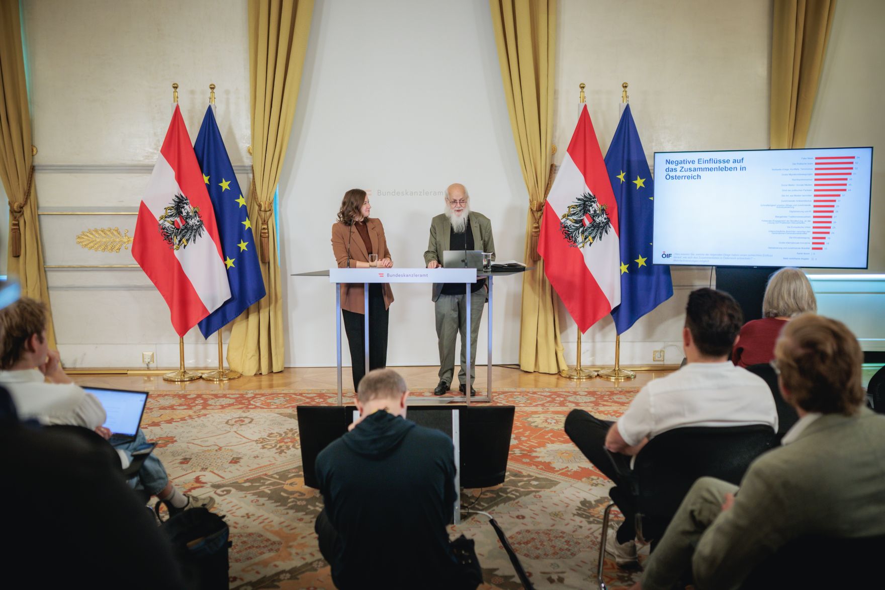 Am 8. September 2026 gab Bundesministerin Claudia Bauer (l.) gemeinsam mit Sozialwissenschaftler Rudolf Bretschneider (r.), eine Pressekonferenz zur Studienpr&auml;sentation "Was denkt &Ouml;sterreich - Einstellungen zu den Themen Integration, Zusammenhalt und Zugeh&ouml;rigkeit&ldquo;.
