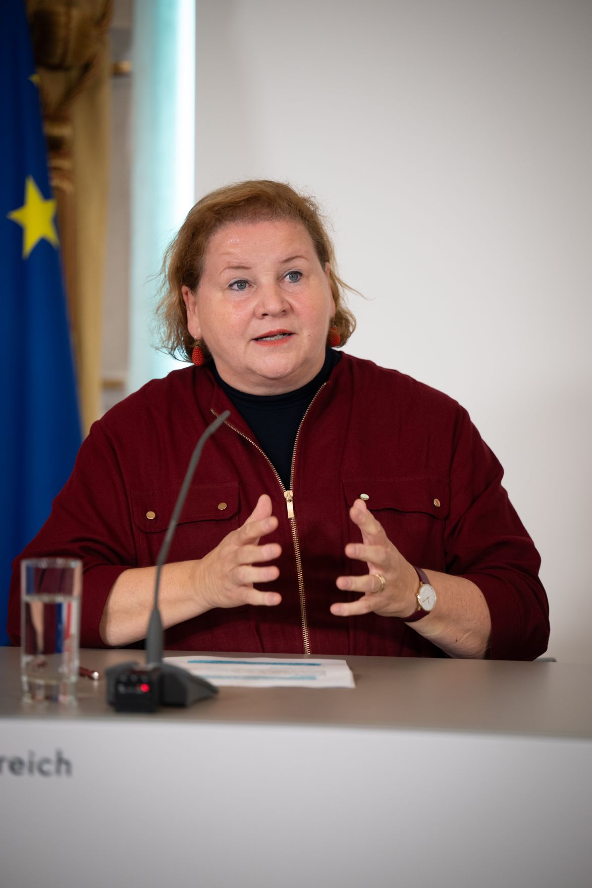 Am 8. Oktober 2025 nahmen Bundesministerin Korinna Schumann (im Bild), Staatssekret&auml;rin Elisabeth Zehetner und Staatssekret&auml;r Sepp Schellhorn am Pressefoyer nach dem Ministerrat teil.