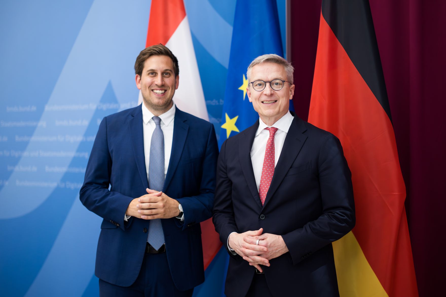 Am 1. Juli 2025 reiste Staatssekret&auml;r Alexander Pr&ouml;ll (l.) zu einem Arbeitsbesuch nach Deutschland. Im Bild mit Karsten Wildberger, Bundesminister f&uuml;r Digitales und Staatsmodernisierung (r.).