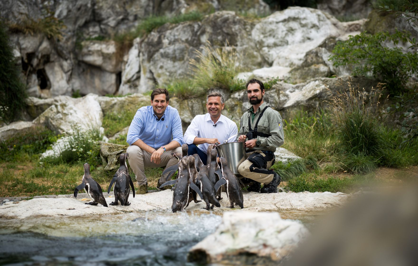 Am 9. Juli 2025 nahm Staatssekret&auml;r Alexander Pr&ouml;ll (l.) gemeinsam mit Bundesminister Wolfgang Hattmannsdorfer (m.) im Rahmen der ID-Austria Servicetour an der Pinguinf&uuml;tterung im Tiergarten Sch&ouml;nbrunn teil. Im Bild bei der ID-Austria Challenge.