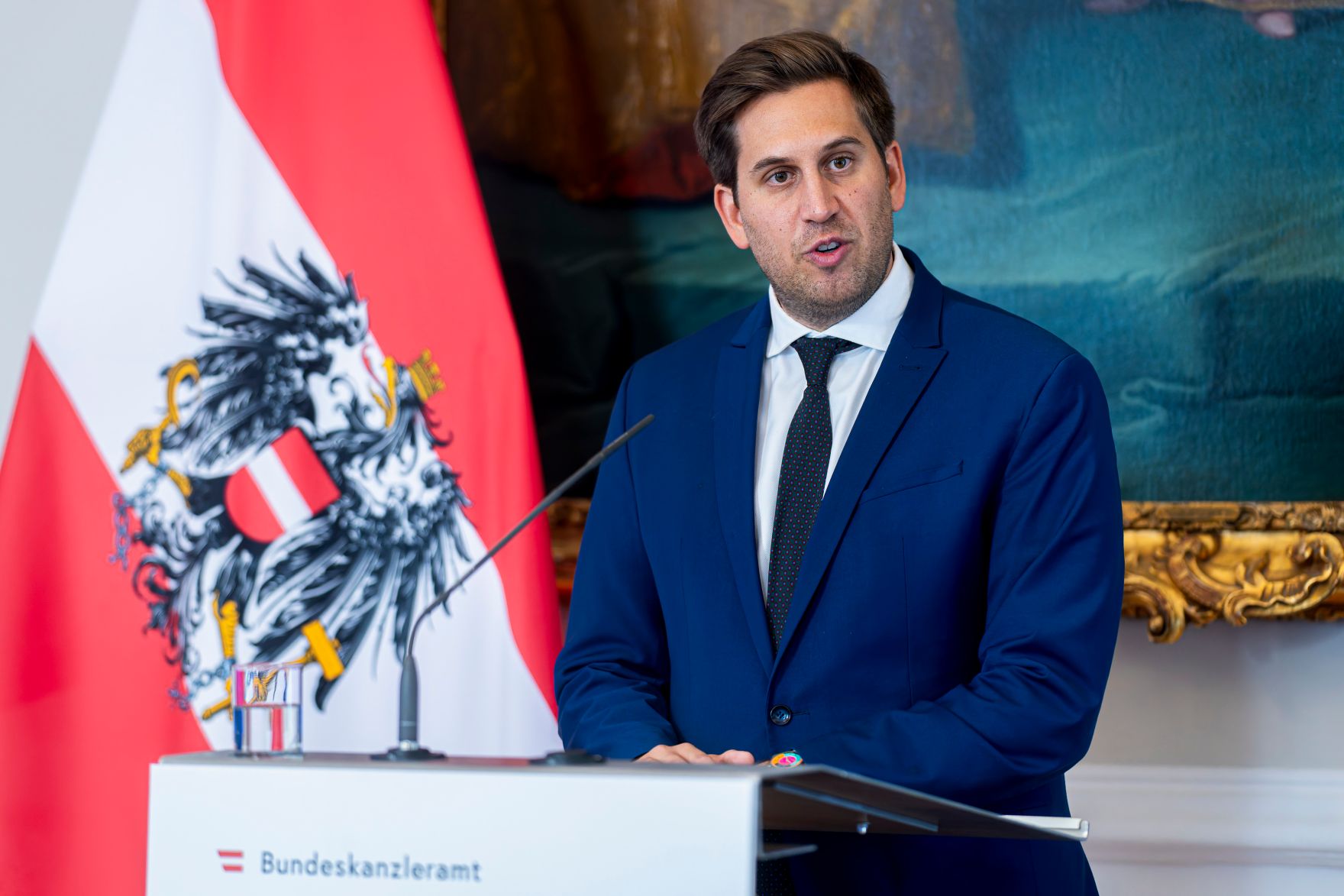 Am 21. Oktober 2025 lud Staatssekret&auml;r Alexander Pr&ouml;ll (im Bild) Auslands&ouml;sterreicherinnen und Auslands&ouml;sterreicher des Jewish Welcome Service ins Bundeskanzleramt.