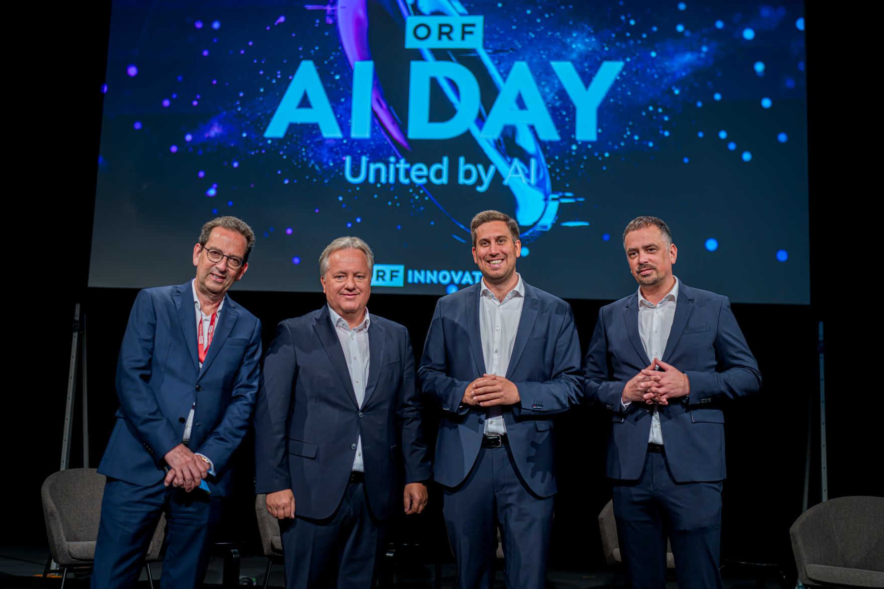 Am 28. April 2026 nahm Staatssekret&auml;r Alexander Pr&ouml;ll (m.r.) am ORF AI Day 2026 teil.