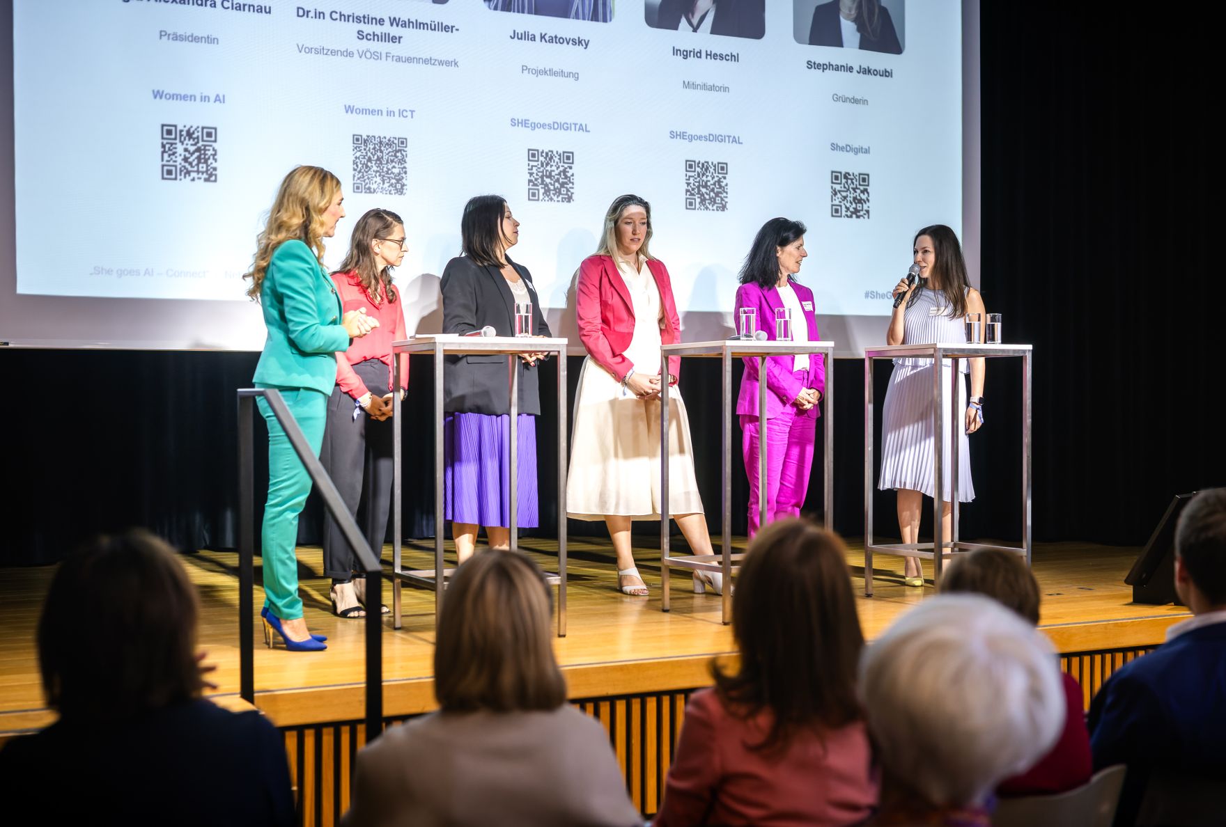 Am 15. Juni nahm Staatssekret&auml;r Alexander Pr&ouml;ll am Netzwerkforum "She goes AI - Connect" im Weltmuseum teil. Im Bild (von links nach rechts) Moderatorin Ina Sabitzer, Alexandra Clarnau, Christine Wahlm&uuml;ller-Schiller, Julia Katovsky, Ingrid Heschl und Stephanie Jakoubi.