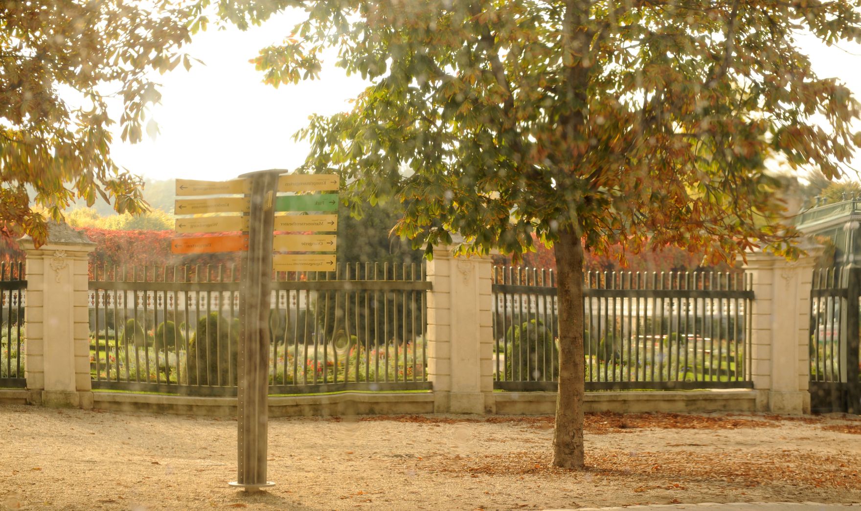 Im Bild die Spiegelung einer herbstlichen Szene mit Wegweiser in Sch&ouml;nbrunn. Schlagworte: Baum, Spiegelung, Stadtlandschaft, Wegweiser, Zaun